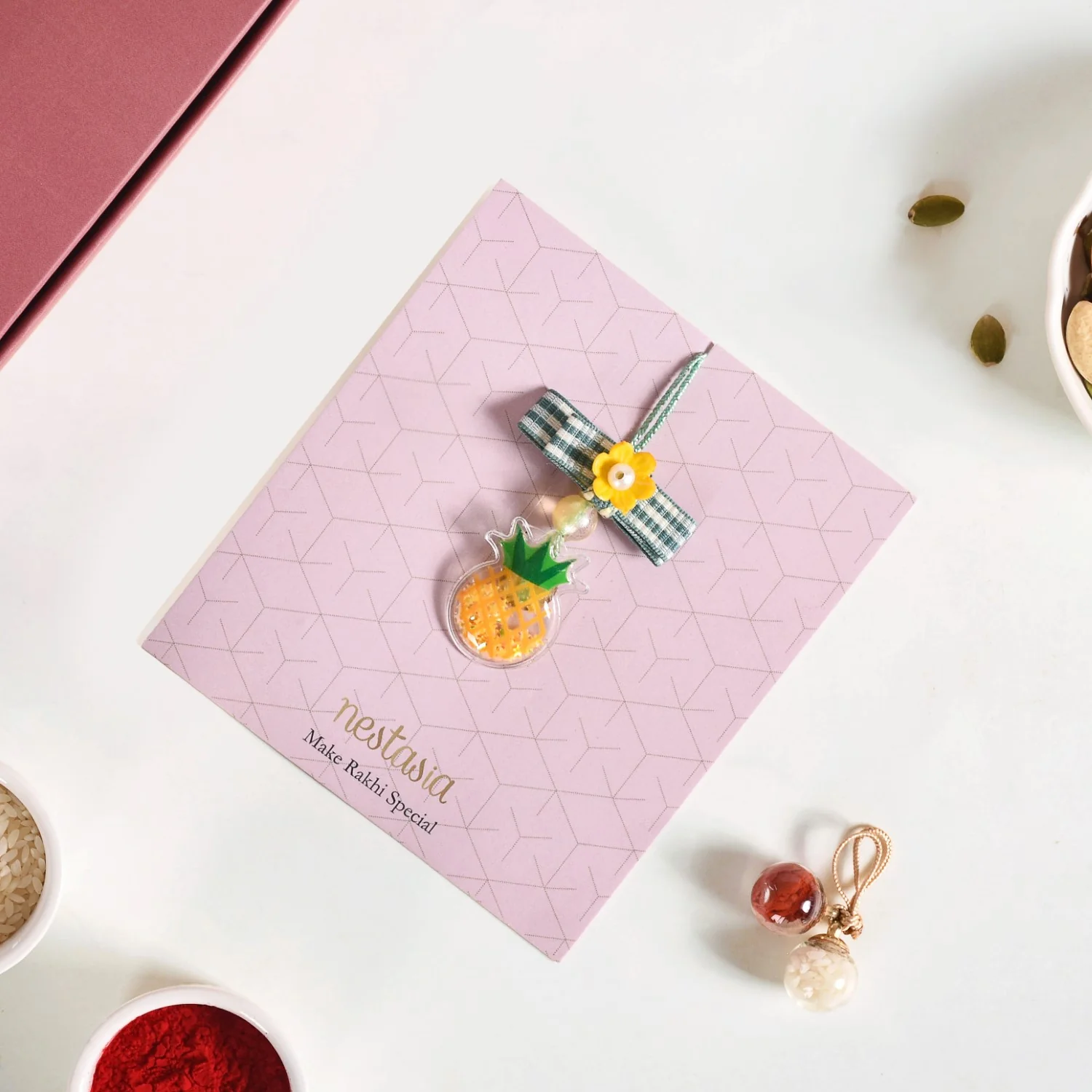 Puffy Pineapple Girl Rakhi Hamper Set Of 3 With Box And Card - Image 3