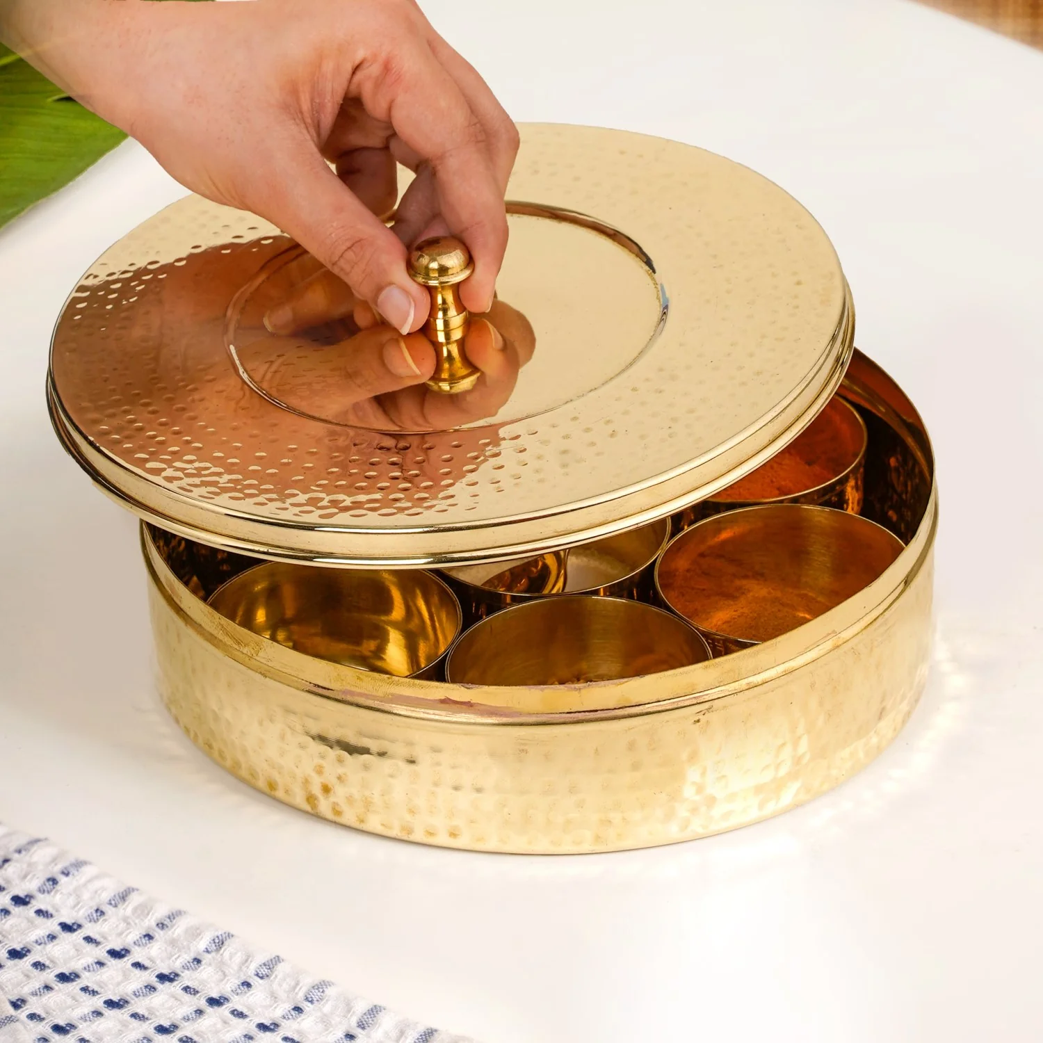Pure Brass Hammered Masala Box Set With Spoon - Image 3