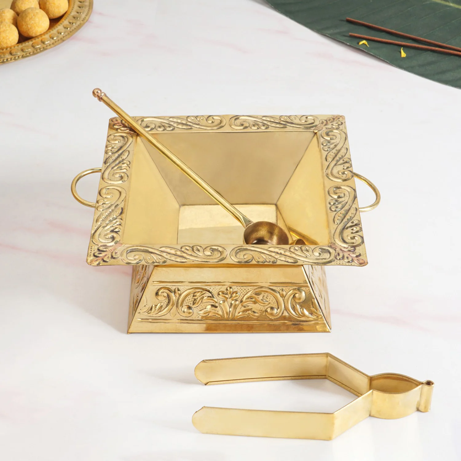 Pure Brass Havan Kund With Handles Spoon And Tongs - Image 3