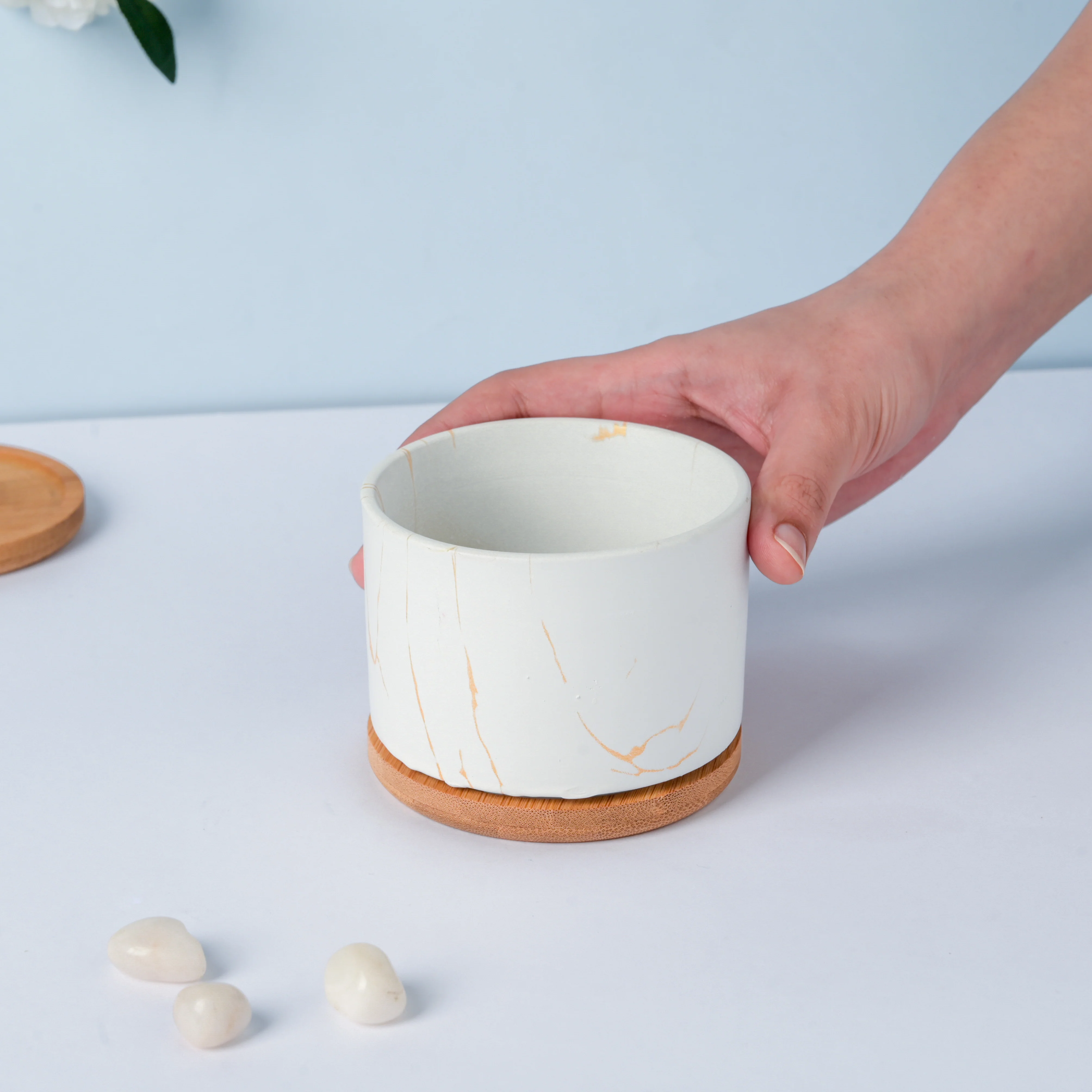 Pure White Ceramic Planter With Coaster - Image 3