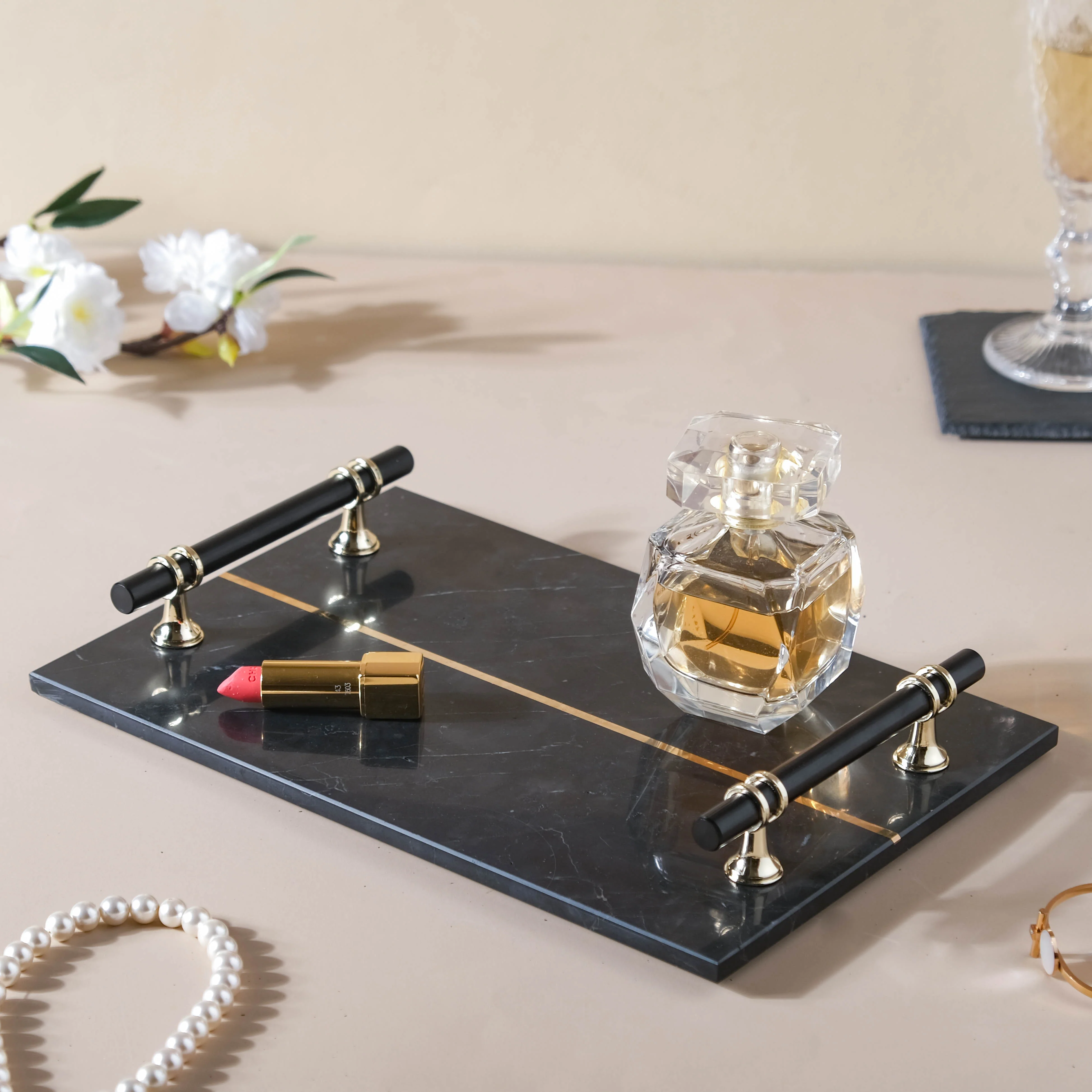 Rectangle Marble Tray With Metal Handle - Image 3