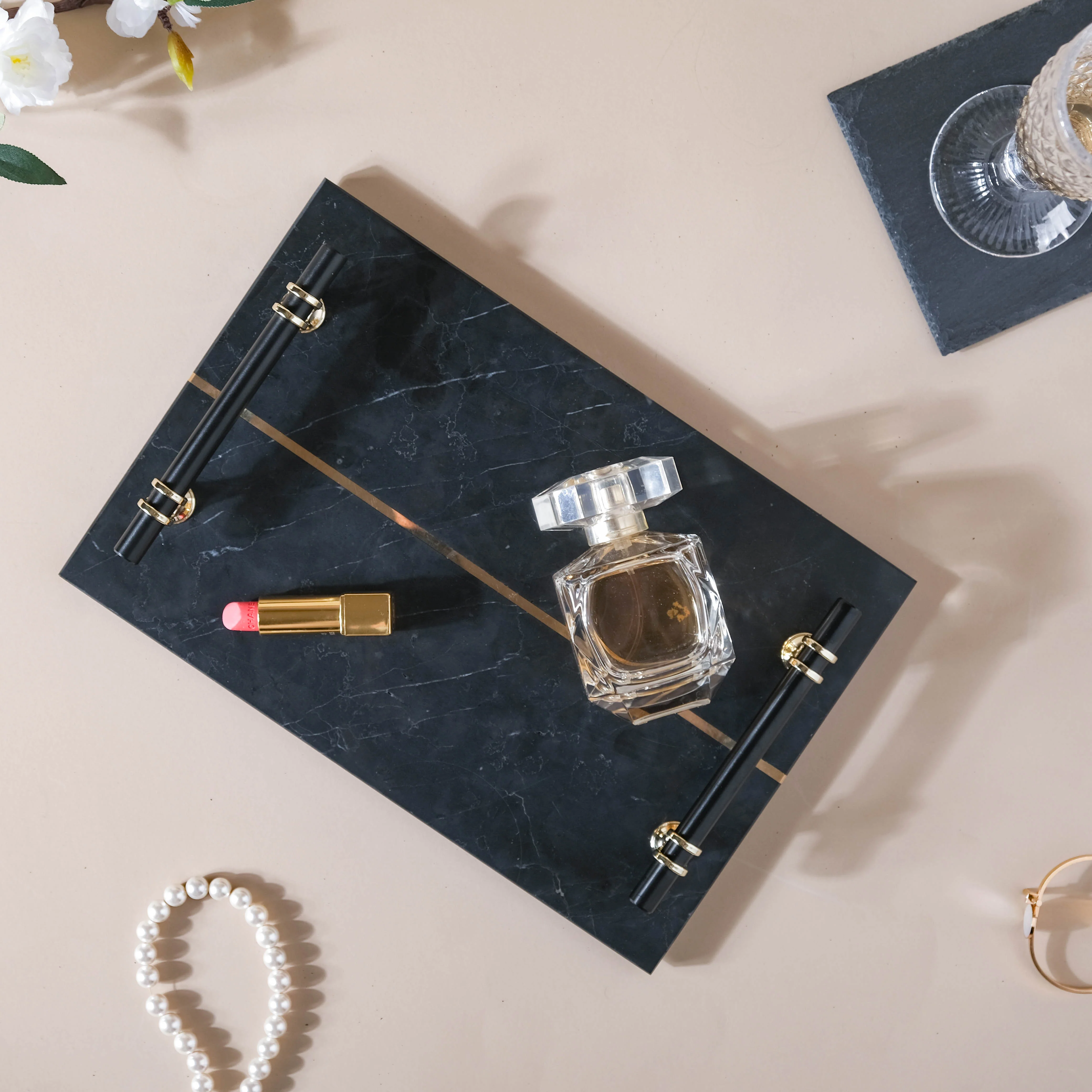 Rectangle Marble Tray With Metal Handle - Image 4