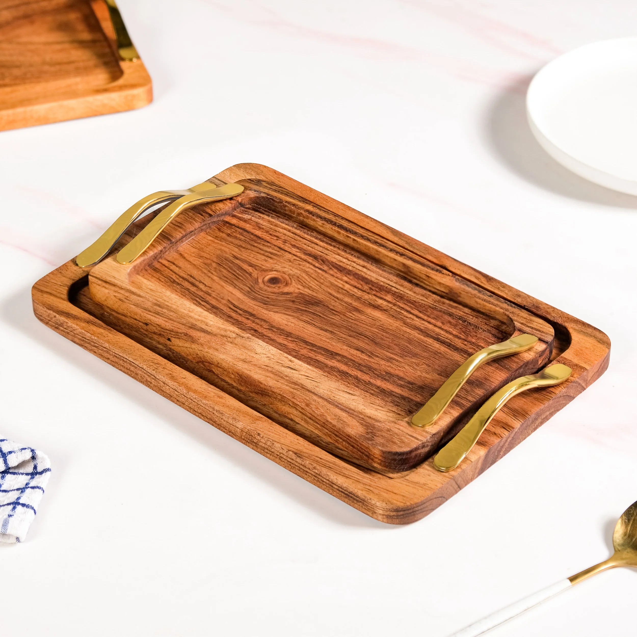 Rectangle Wooden Serving Tray With Gold Handles Set Of 2 - Image 4