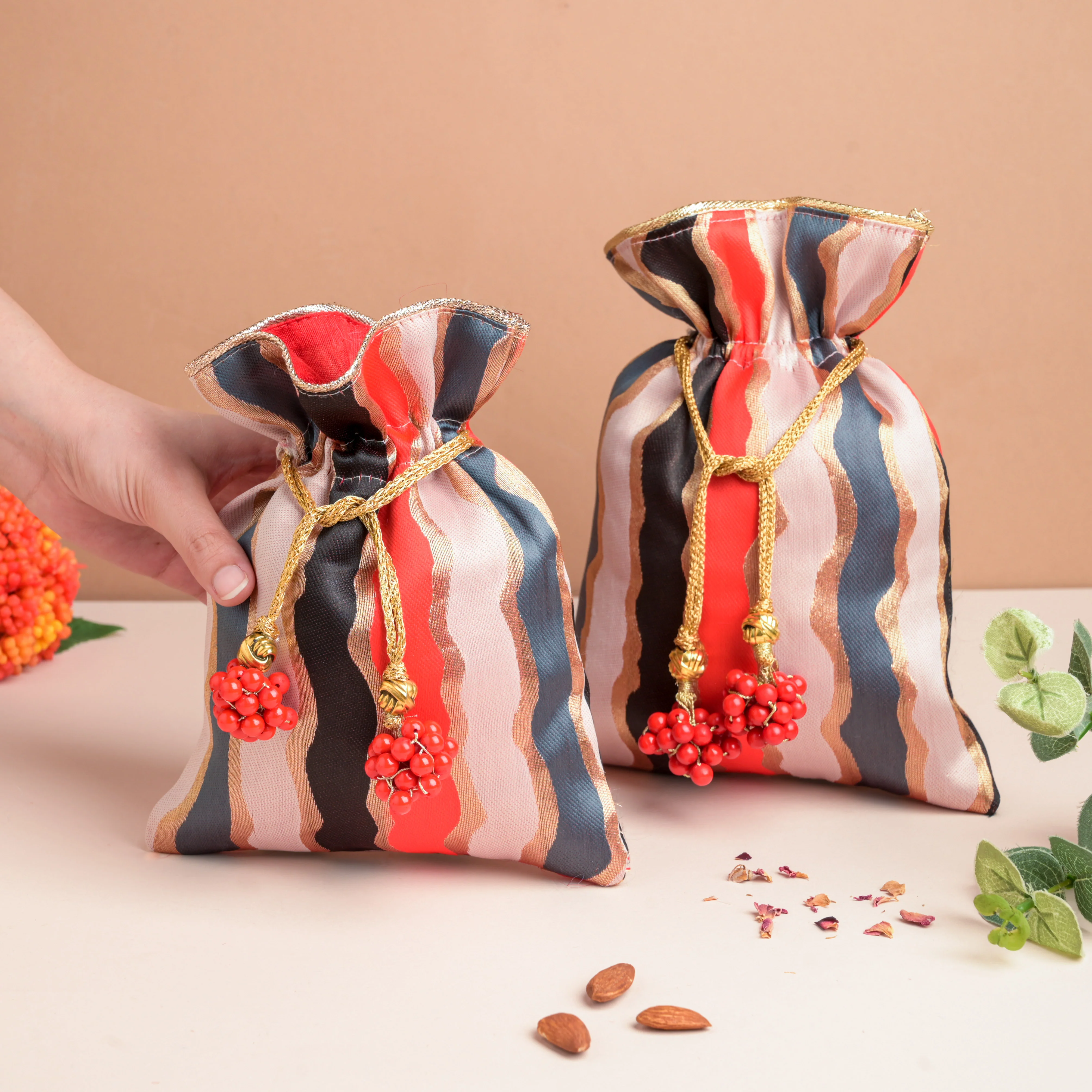 Red And Gold Festive Potli Set Of 2 - Image 2