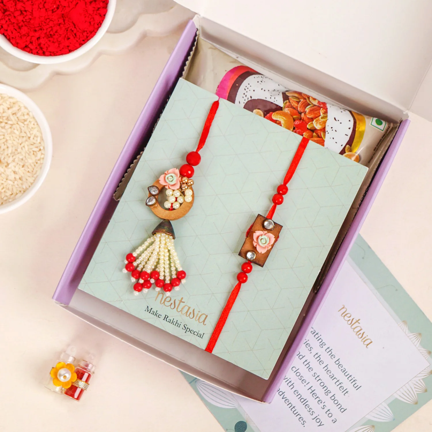 Red Beads Rustic Charm Rakhi Lumba Gift Set - Image 5