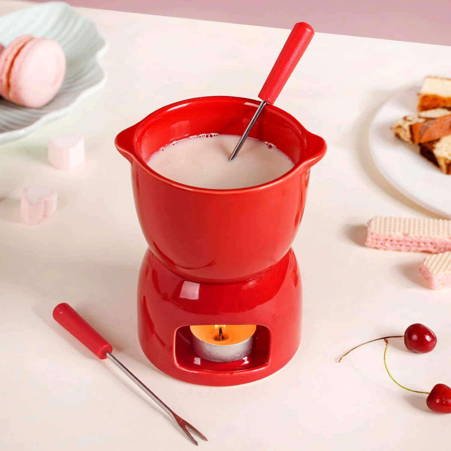 Red Mini Fondue Set With 2 Dipping Forks - Image 2