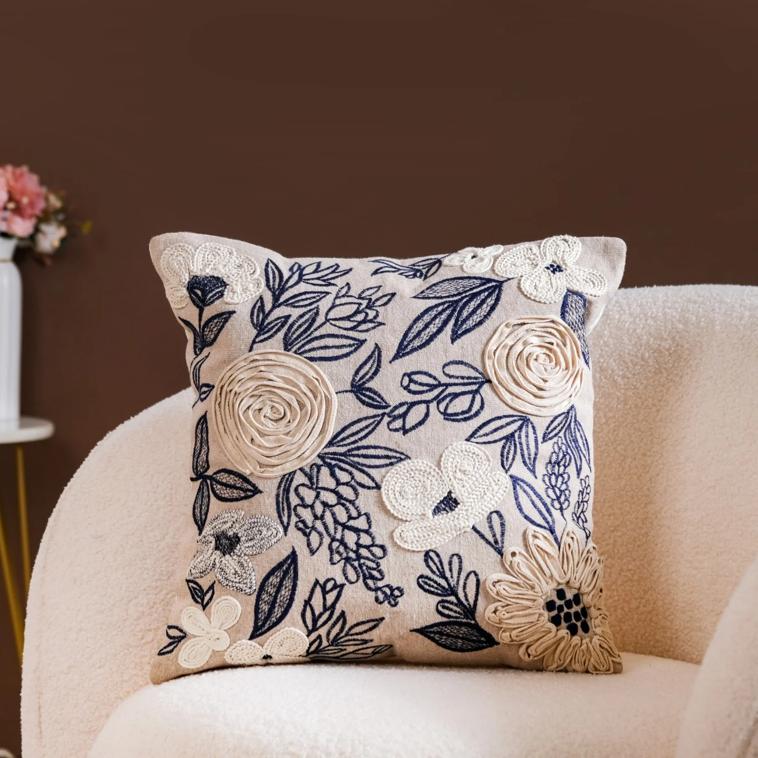 Ribbon Flower Embroidery Sofa Cushion Cover 16x16 Inch