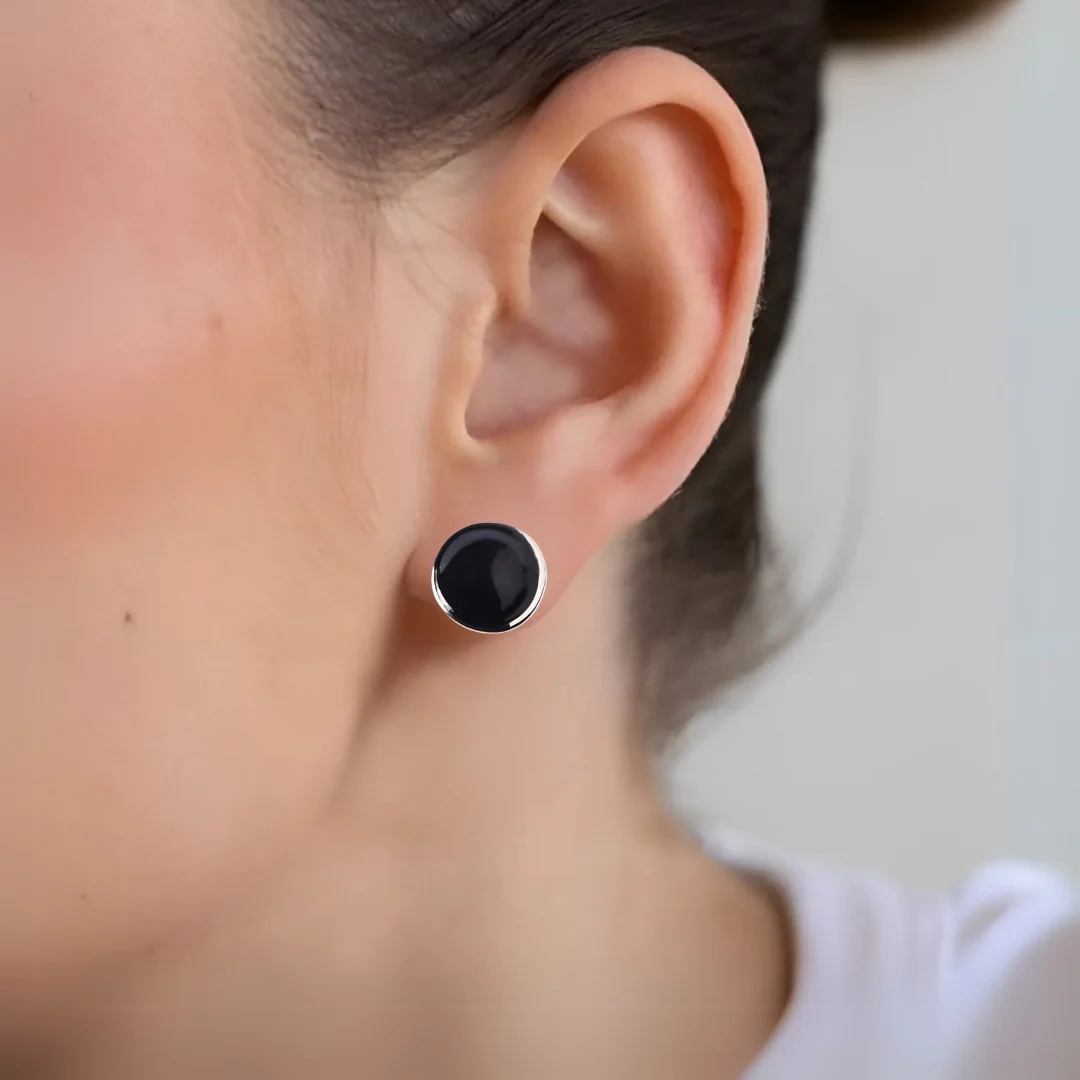Round Black Stud Earrings - Image 5