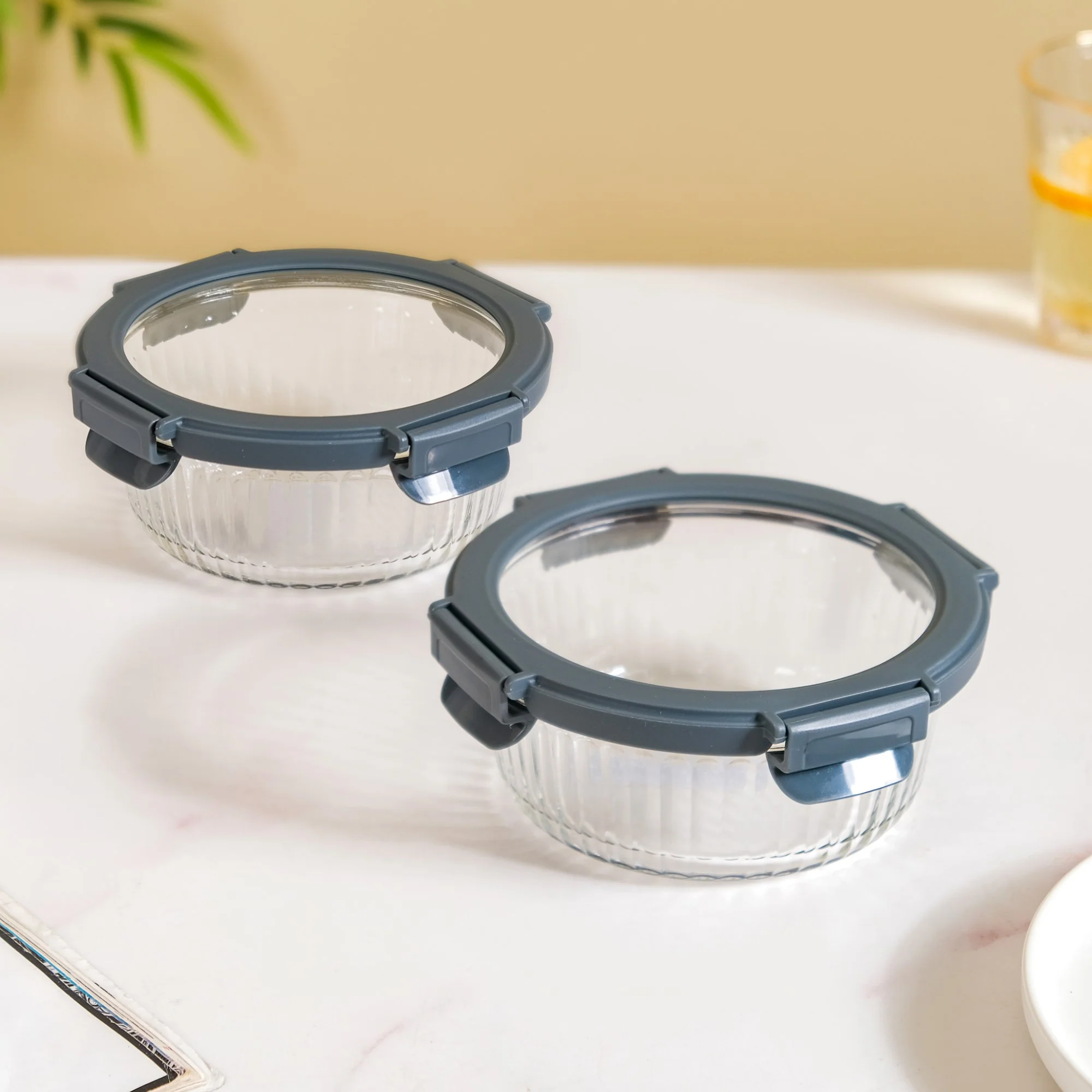 Round Glass Storage Container Box Set Of 2 Fluted 620ml - Image 2