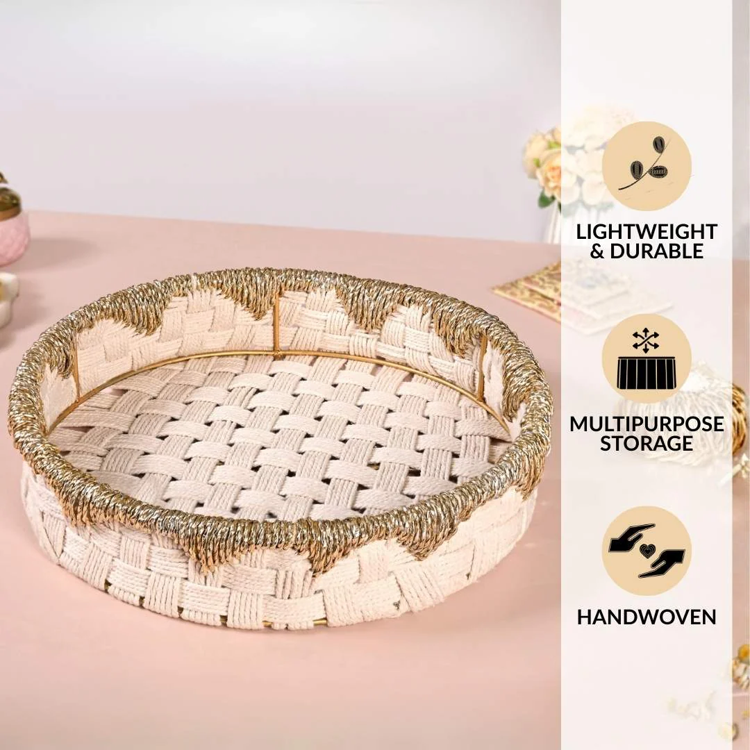 Round Handwoven Tray Basket Gold White - Image 3