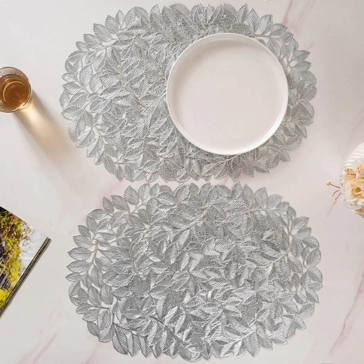Round Silver Leaves Waterproof Placemat Set Of 6 - Image 5