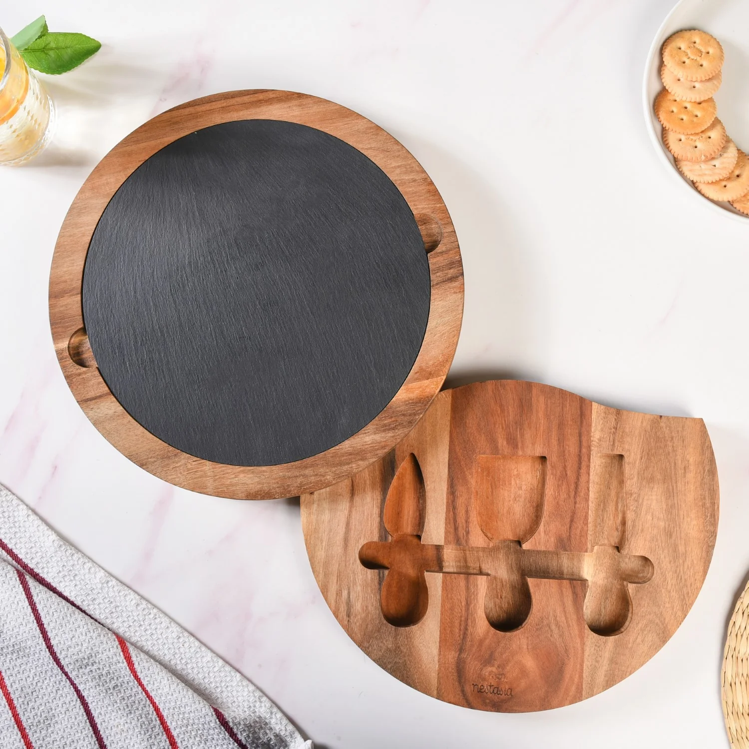 Round Wooden Charcuterie Board With Cheese Knives - Image 7