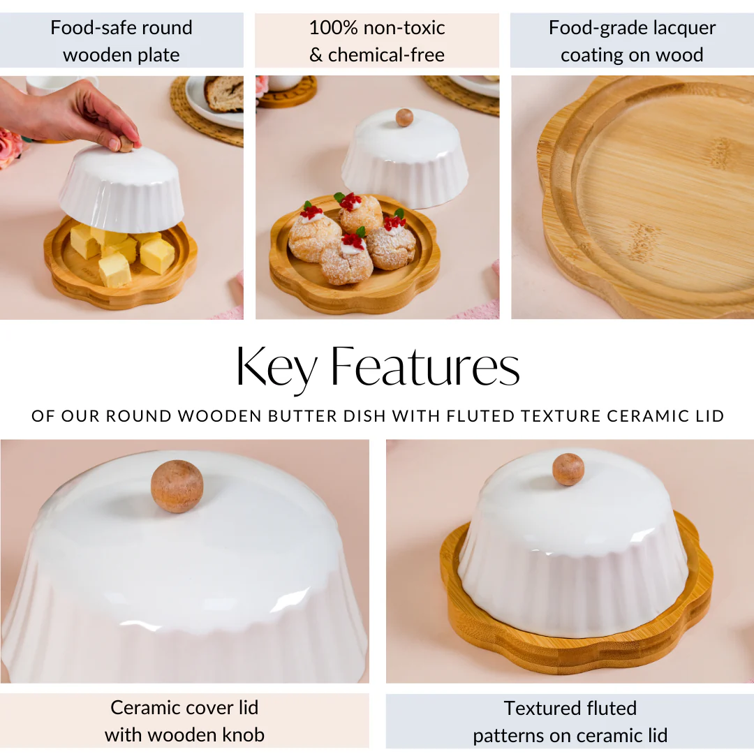 Round Wooden Dish With Fluted Texture Ceramic Lid - Image 5