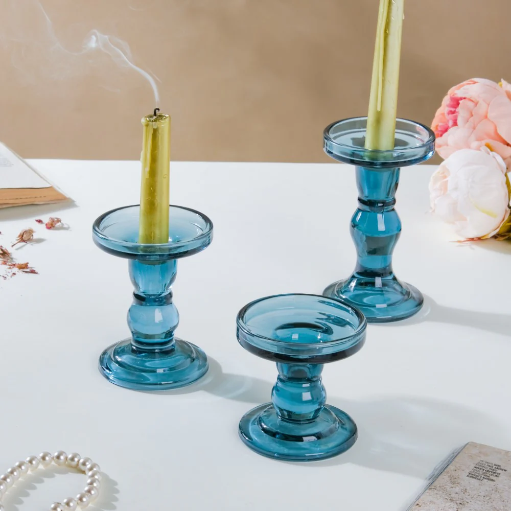 Royal Blue Glass Candle Stand Set Of 3 - Image 9