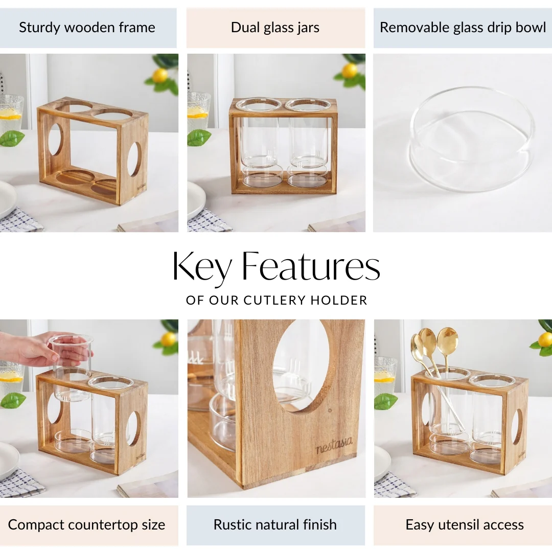 Rustic Wooden Cutlery Stand With Glass Holders - Image 5