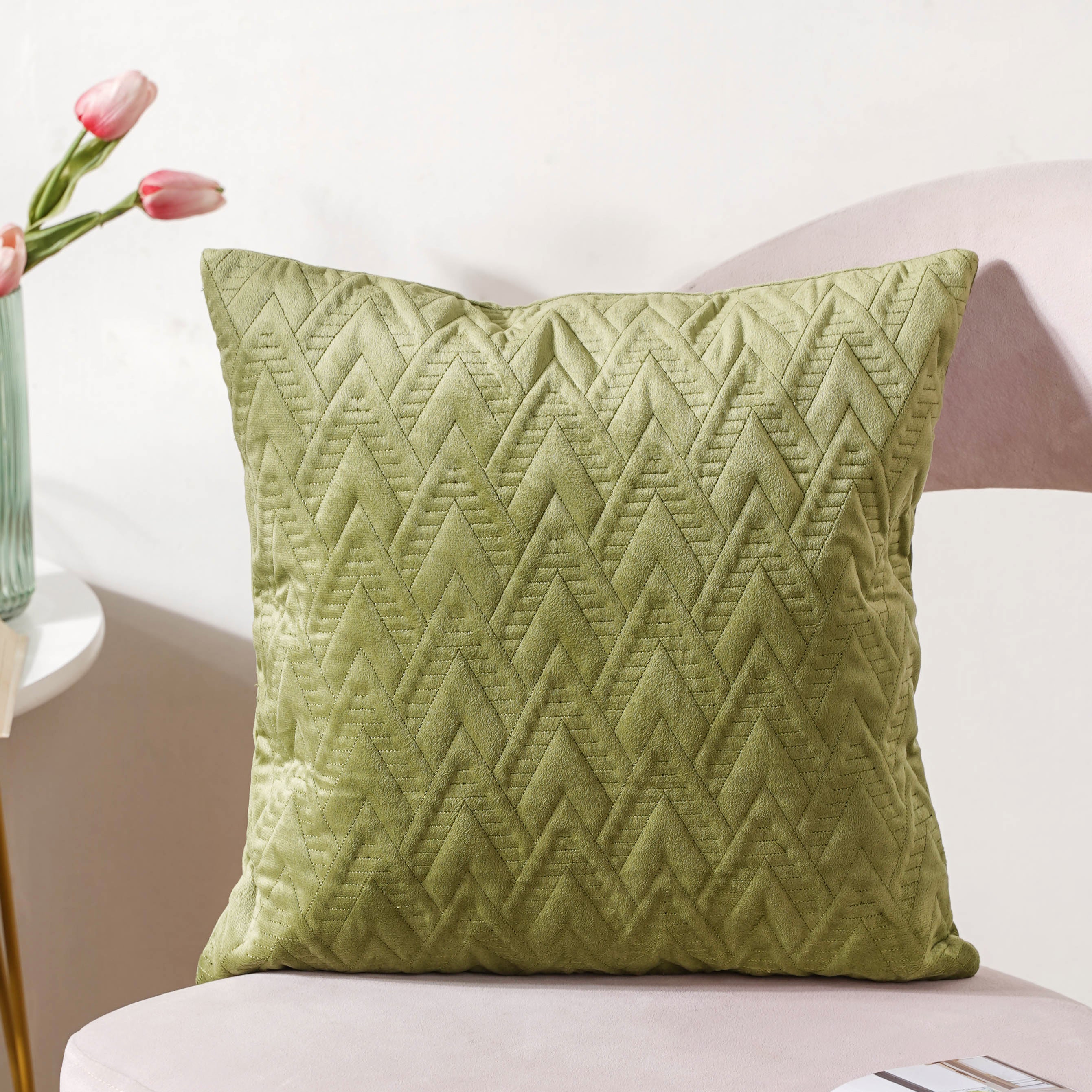 Sage Green Geometric Quilted Velvet Cushion Cover 16 Inch - Image 5