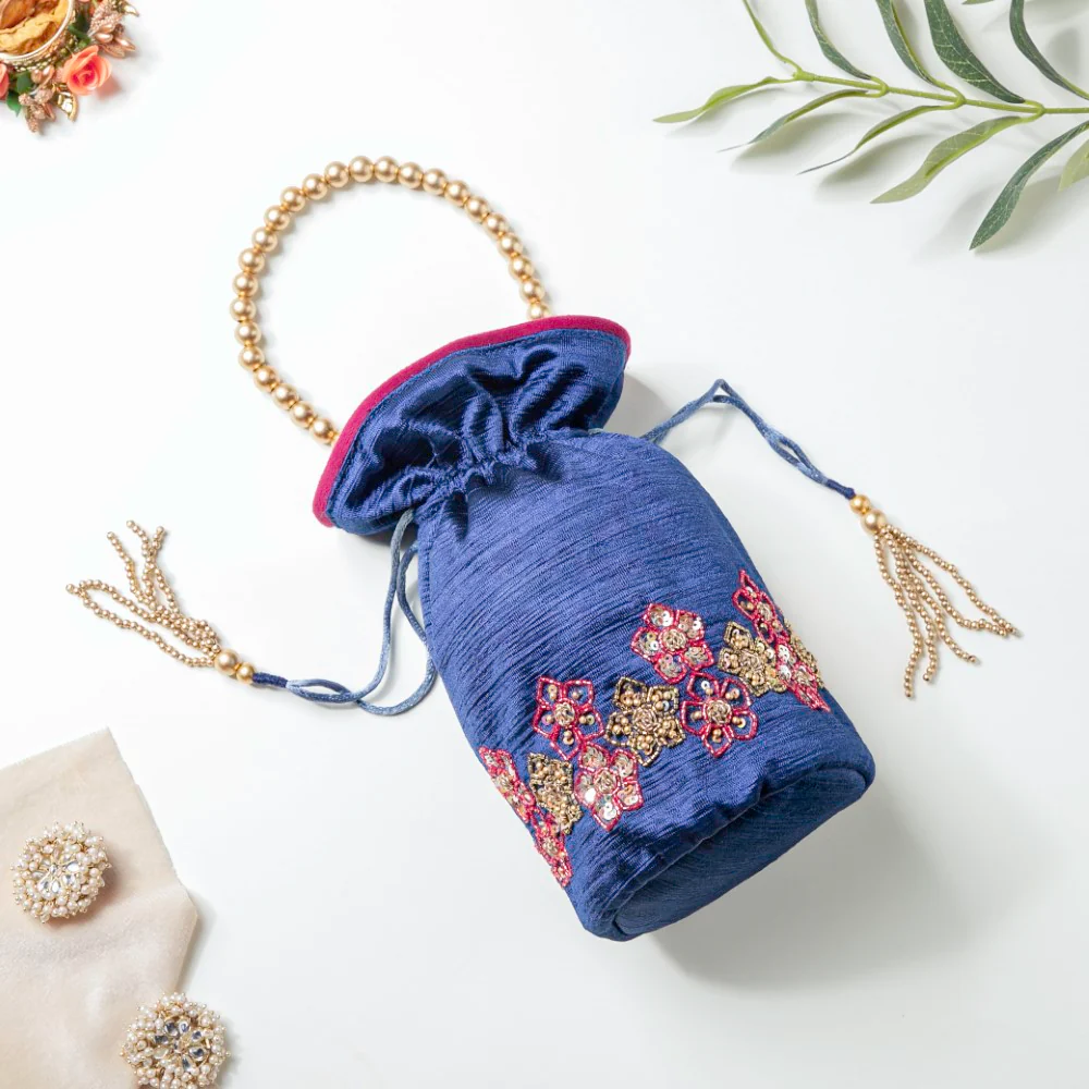 Sama Floral Potli Bag Dark Blue - Image 5