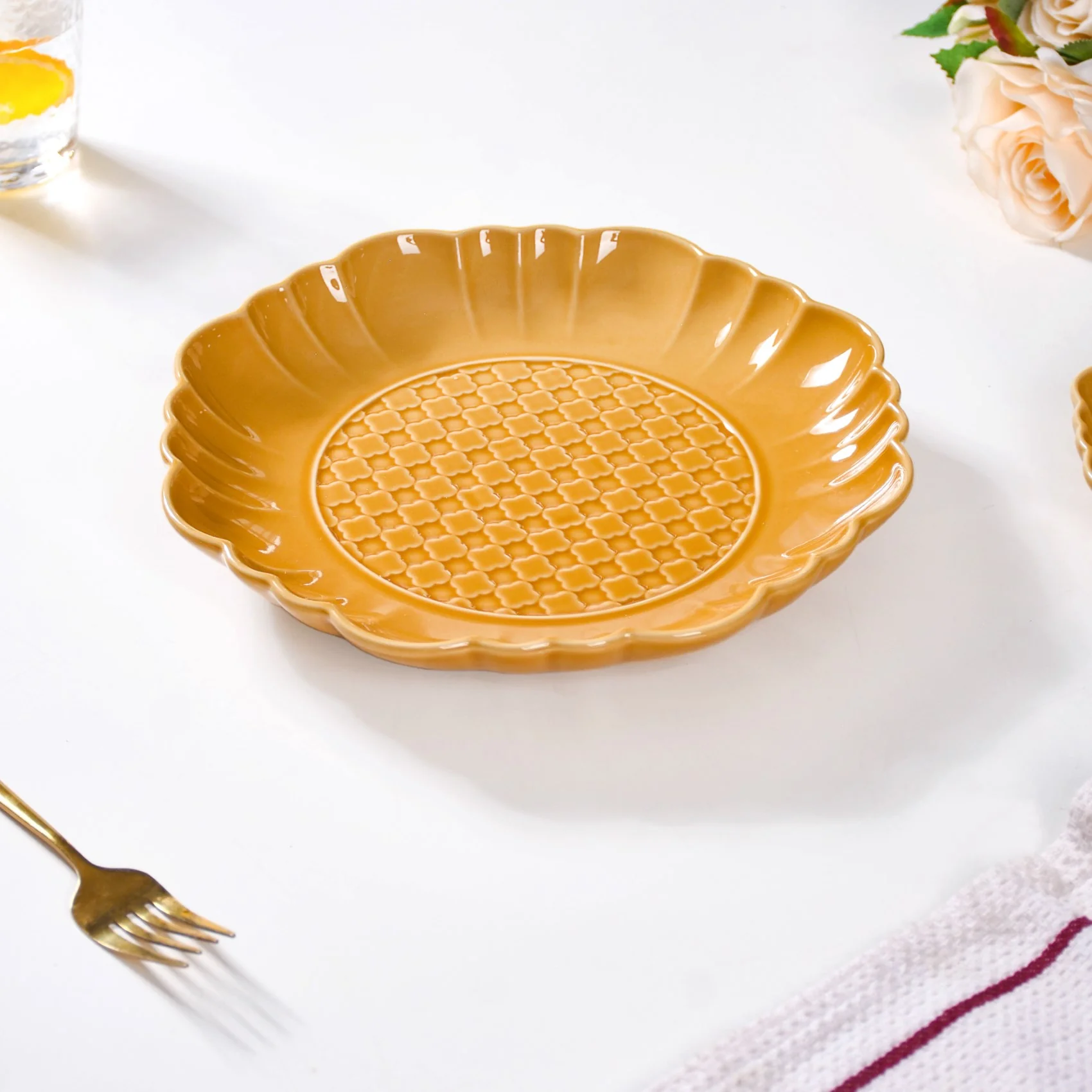 Scalloped Moroccan Dinner Plate Set Of 4 Yellow Ochre 10 Inch - Image 7