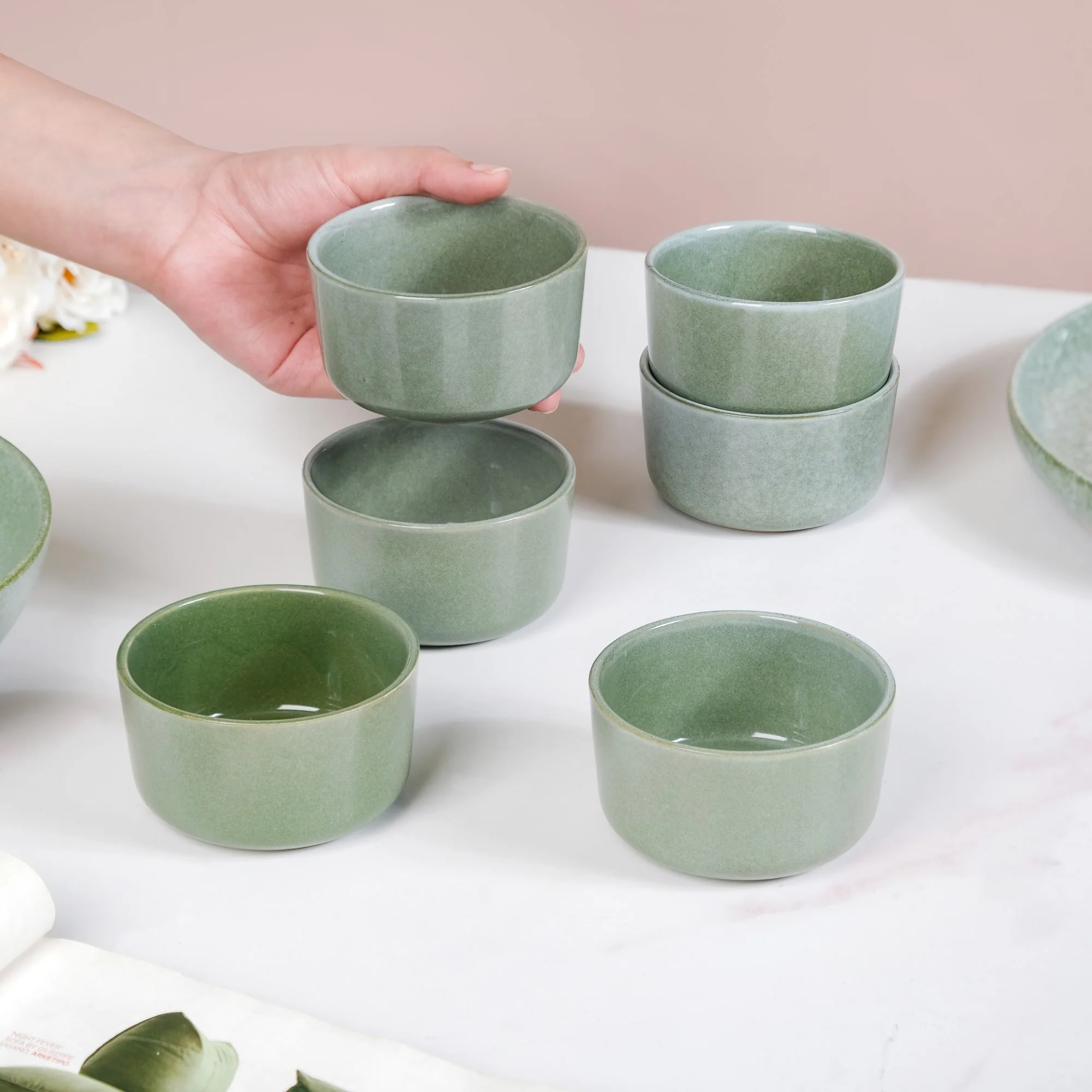 Sera Set Of 6 Round Ceramic Small Bowl Sage Green 200ml - Image 3