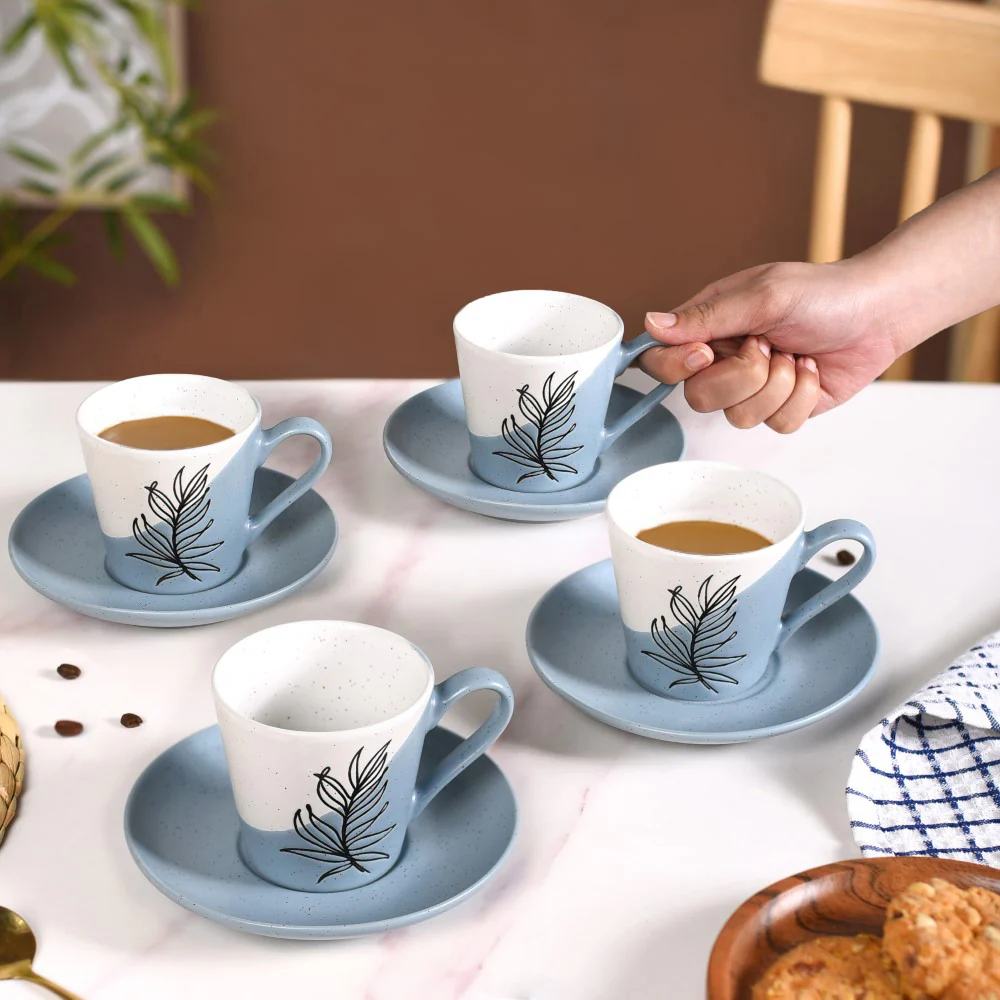 Serene Tropics Ceramic Tea Cup And Saucer Set Of 4 Blue 225ml - Image 2
