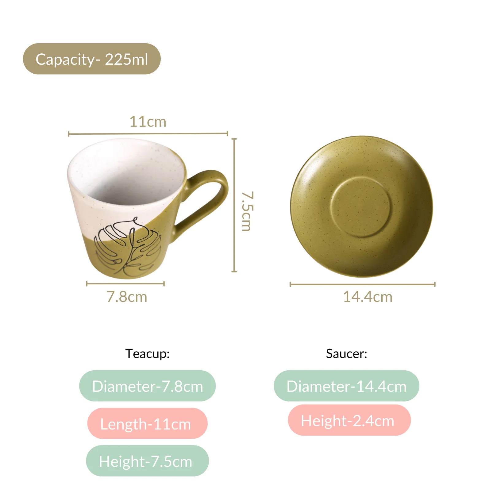 Serene Tropics Ceramic Tea Cup And Saucer Set Of 4 Olive 225ml - Image 4