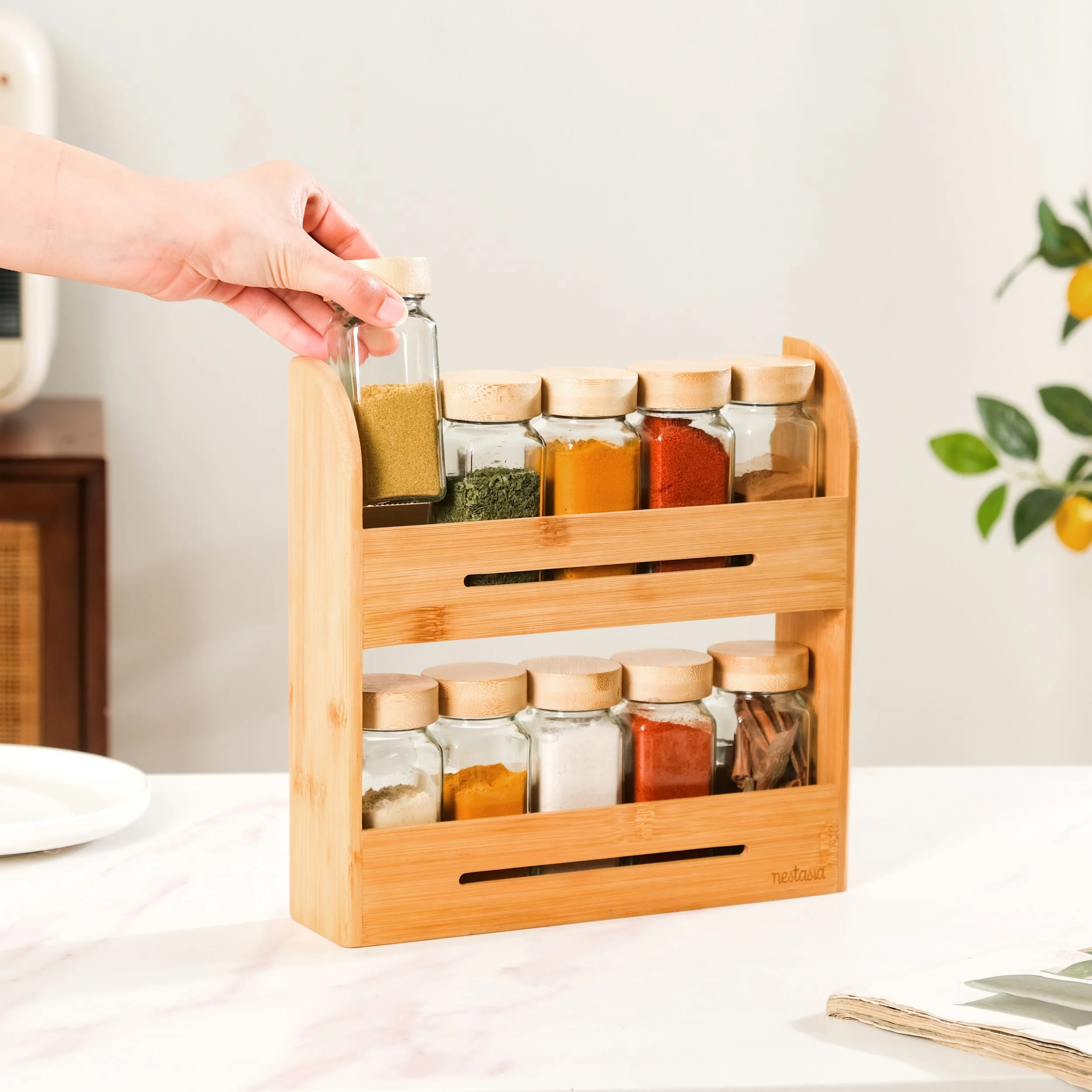 Set Of 10 Glass Jars With Wooden Storage Rack For Kitchen - Image 2