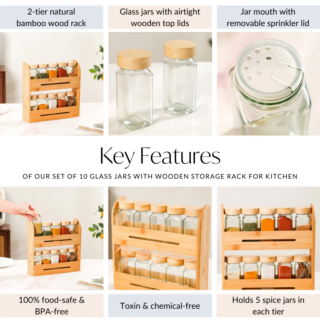 Set Of 10 Glass Jars With Wooden Storage Rack For Kitchen - Image 5