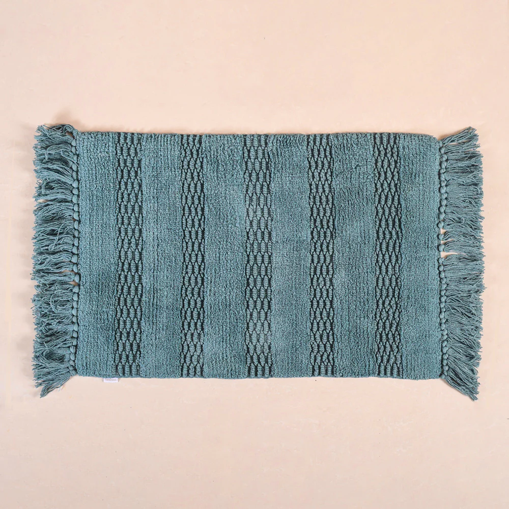 Set Of 2 Handwoven Ribbed Twill Plush Cotton Door Mats Blue 31x17 Inch - Image 3