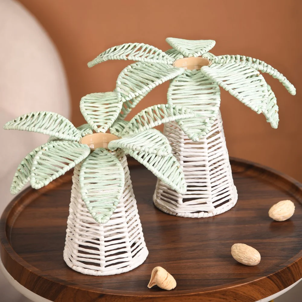 Set Of 2 Raffia Palm Candle Holder For Home Decor - Image 2