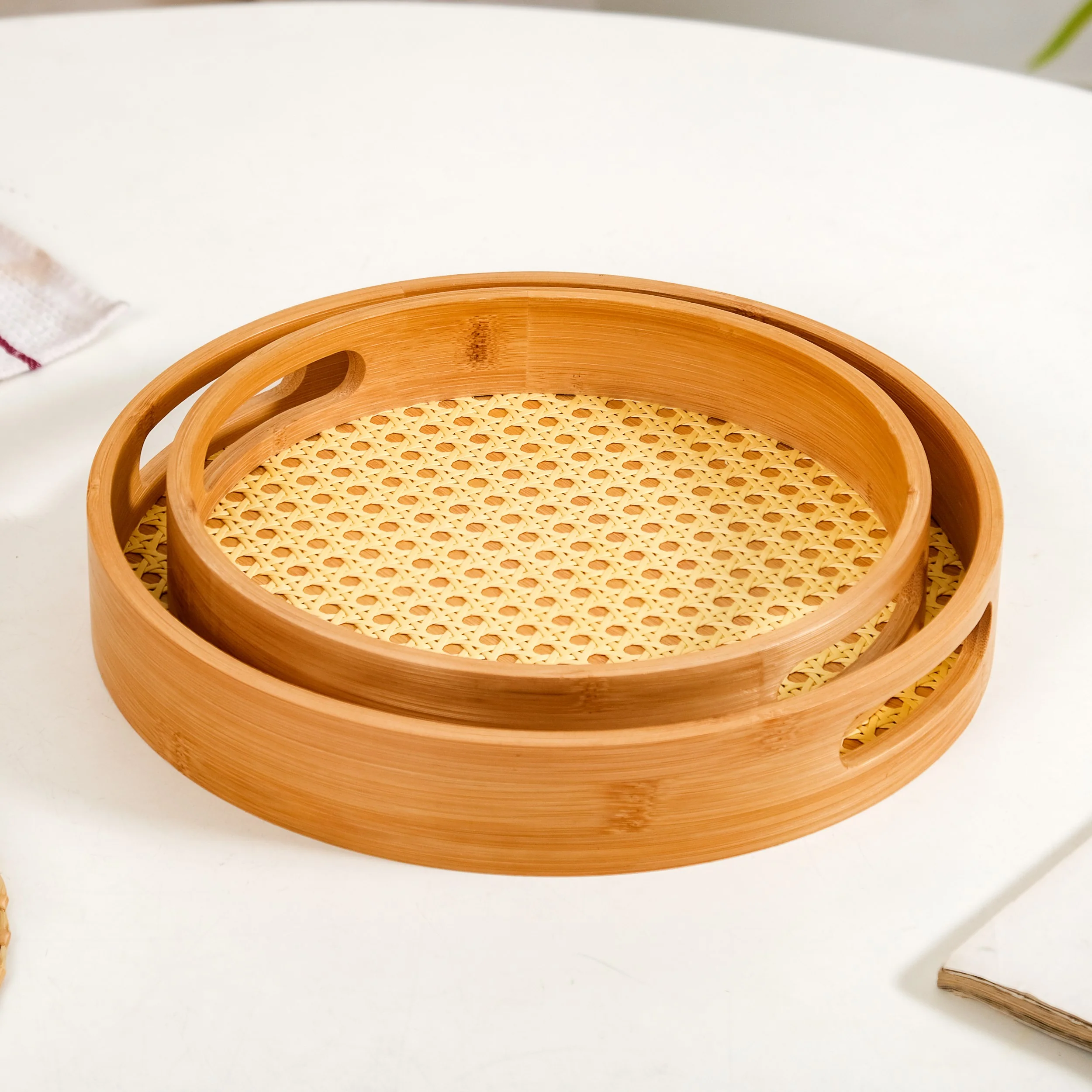 Set Of 2 Rattan Weave Round Wooden Trays - Image 8