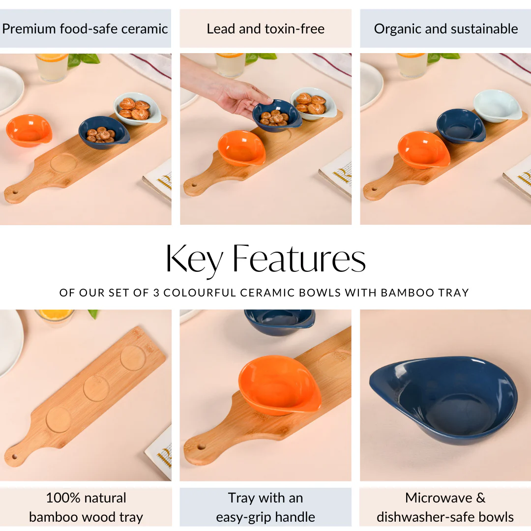 Set Of 3 Colourful Ceramic Bowls With Bamboo Tray 100ml - Image 5