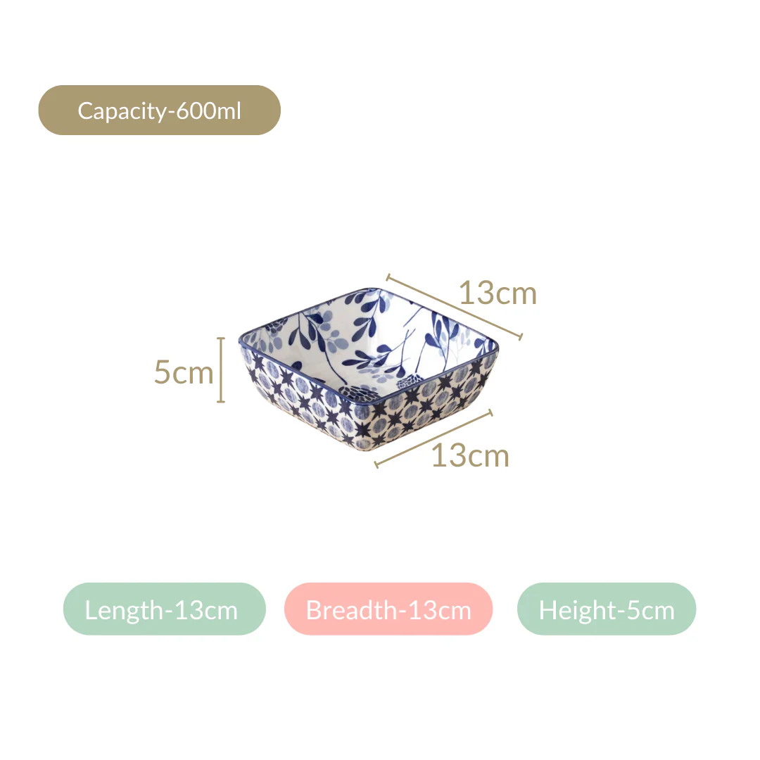 Set Of 4 Blue Blossom Square Snack Bowls 600ml - Image 6