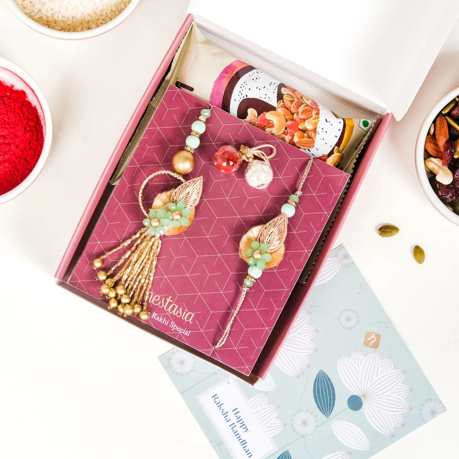 Set Of 4 Floral Love Rakhi Lumba For Bhaiya Bhabhi With Box And Card - Image 2