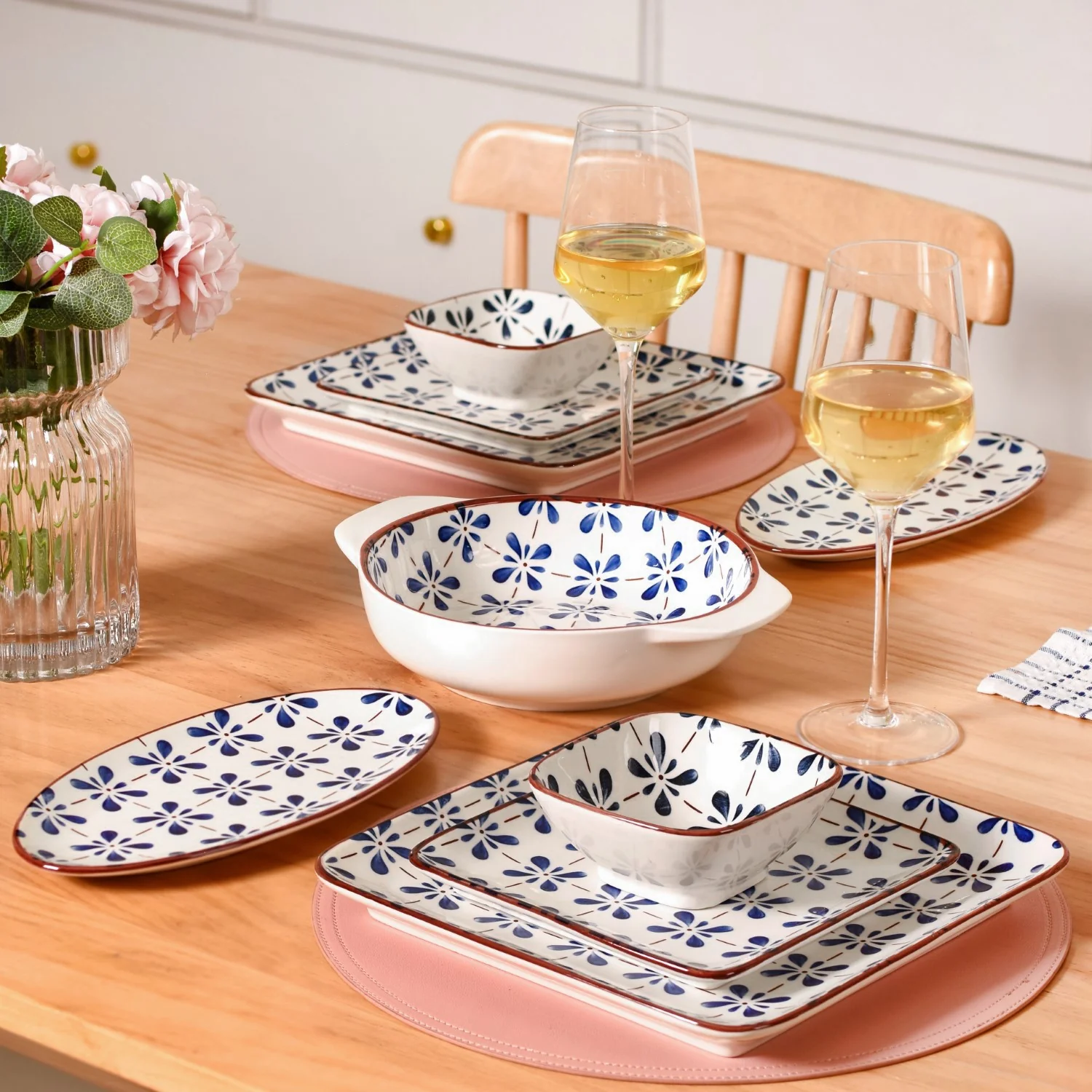 Set Of 4 Square Dinner Plates Blue Flower Design 9 Inch - Image 3