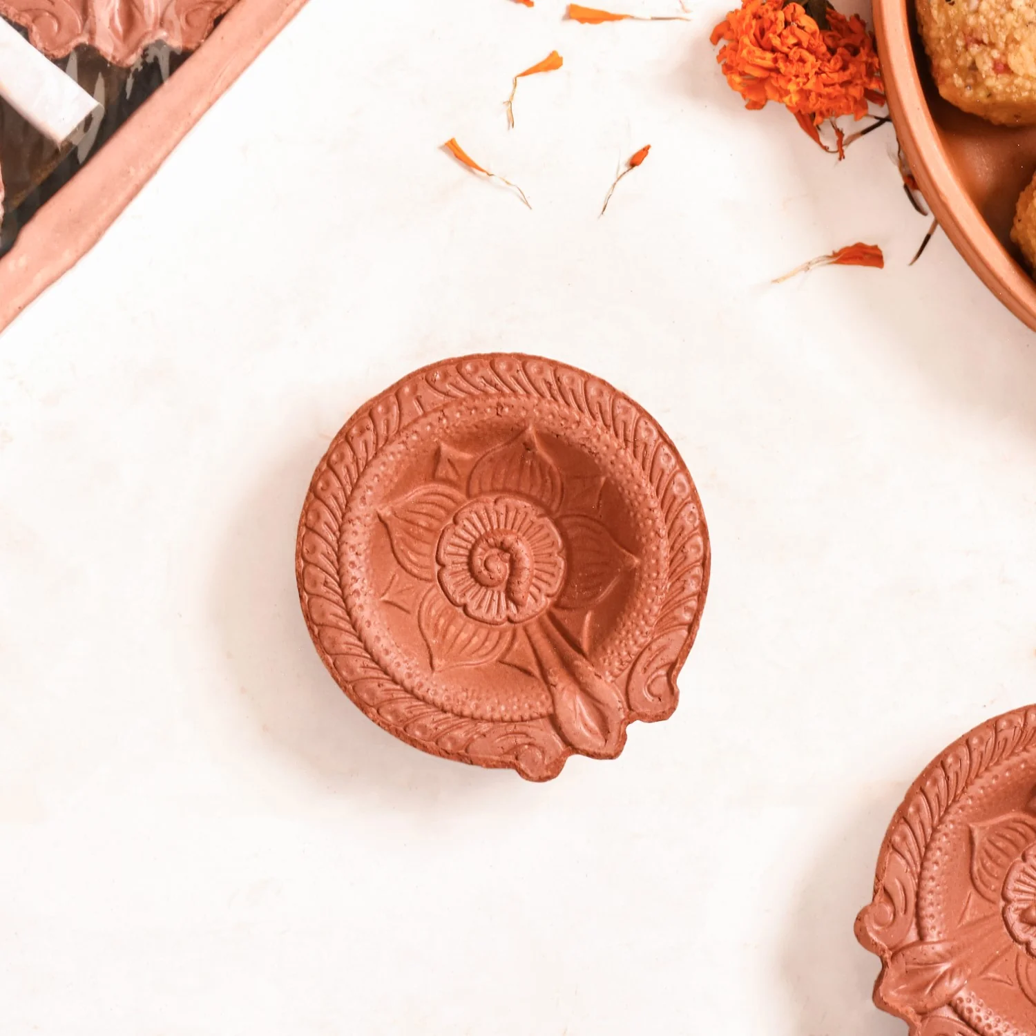 Set Of 48 Flower Engraved Earthen Clay Diyas - Image 2