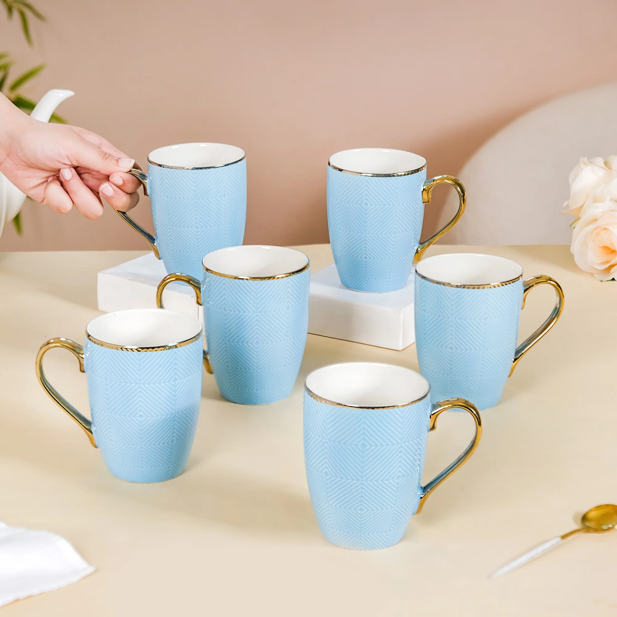 Set of 6 Embossed Blue Coffee Mug 330ml - Image 2