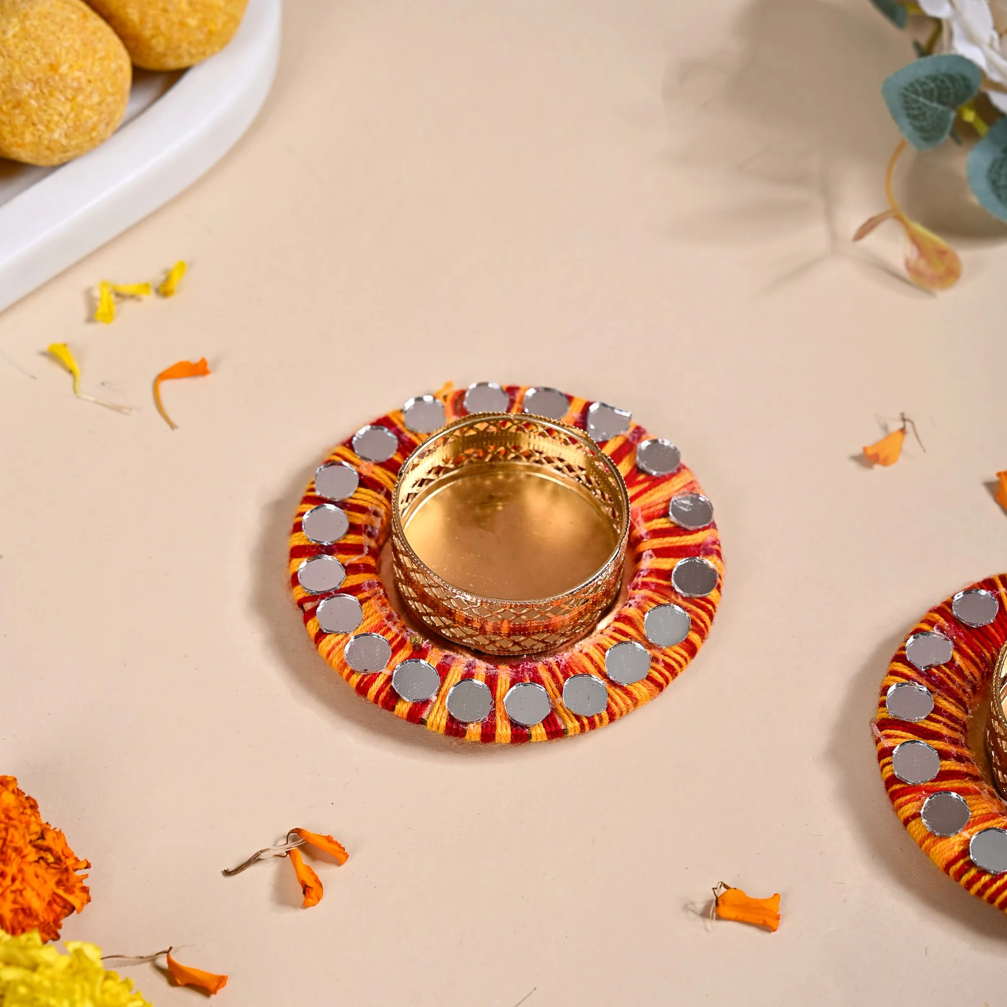 Set Of 6 Multicolour Threadwork Tealight Holders With Mirrorwork - Image 8