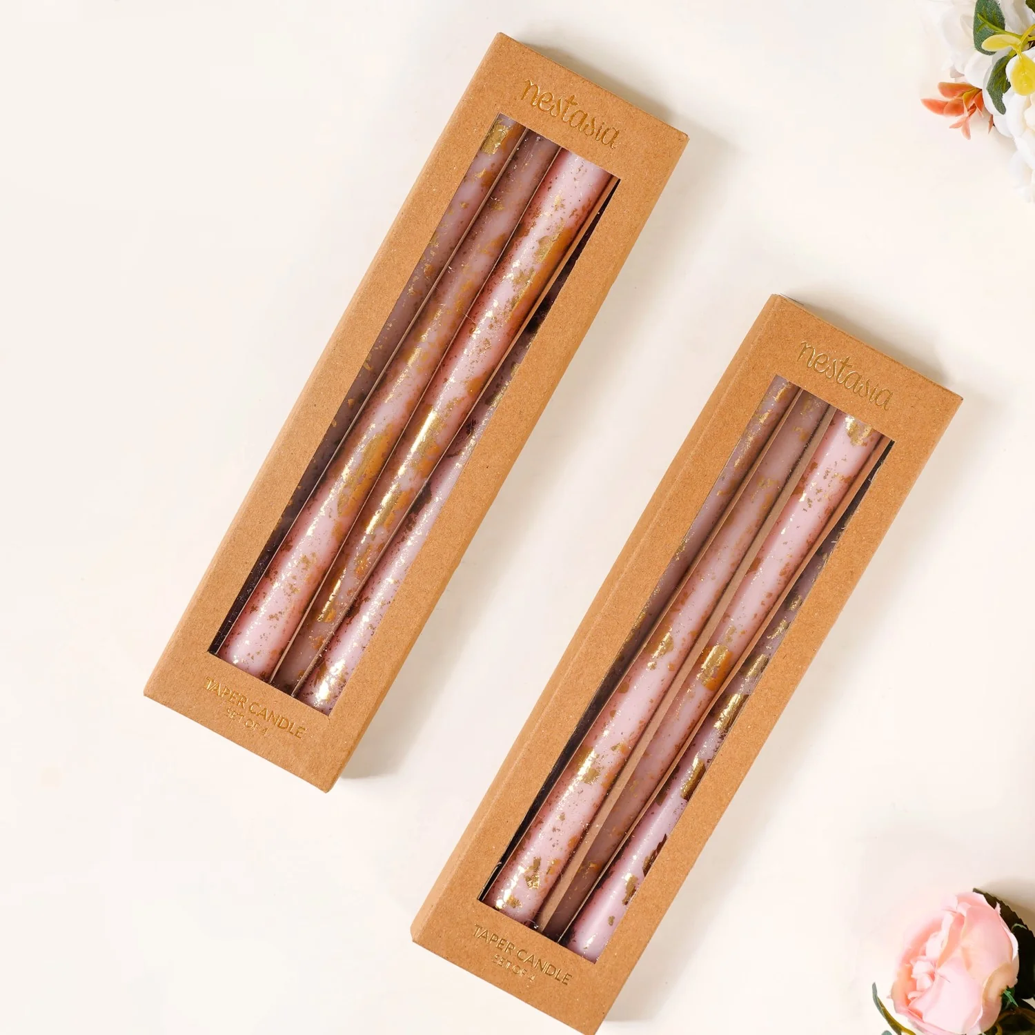Set Of 8 Gold Glam Pink Taper Candles - Image 6