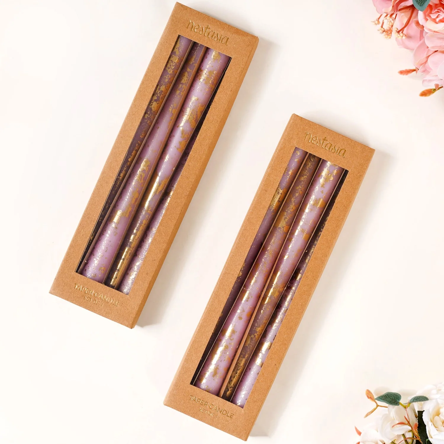 Set Of 8 Taper Candle With Gold Foil Design Lavender - Image 6