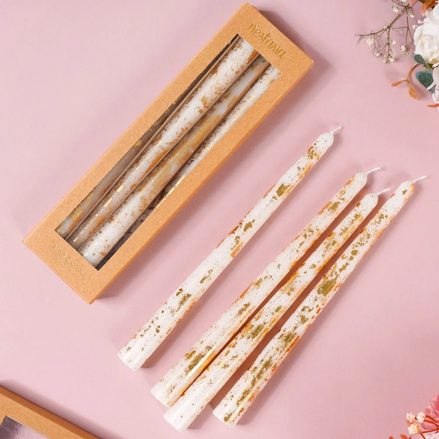 Set Of 8 Taper Candles With Gold Foil White - Image 2