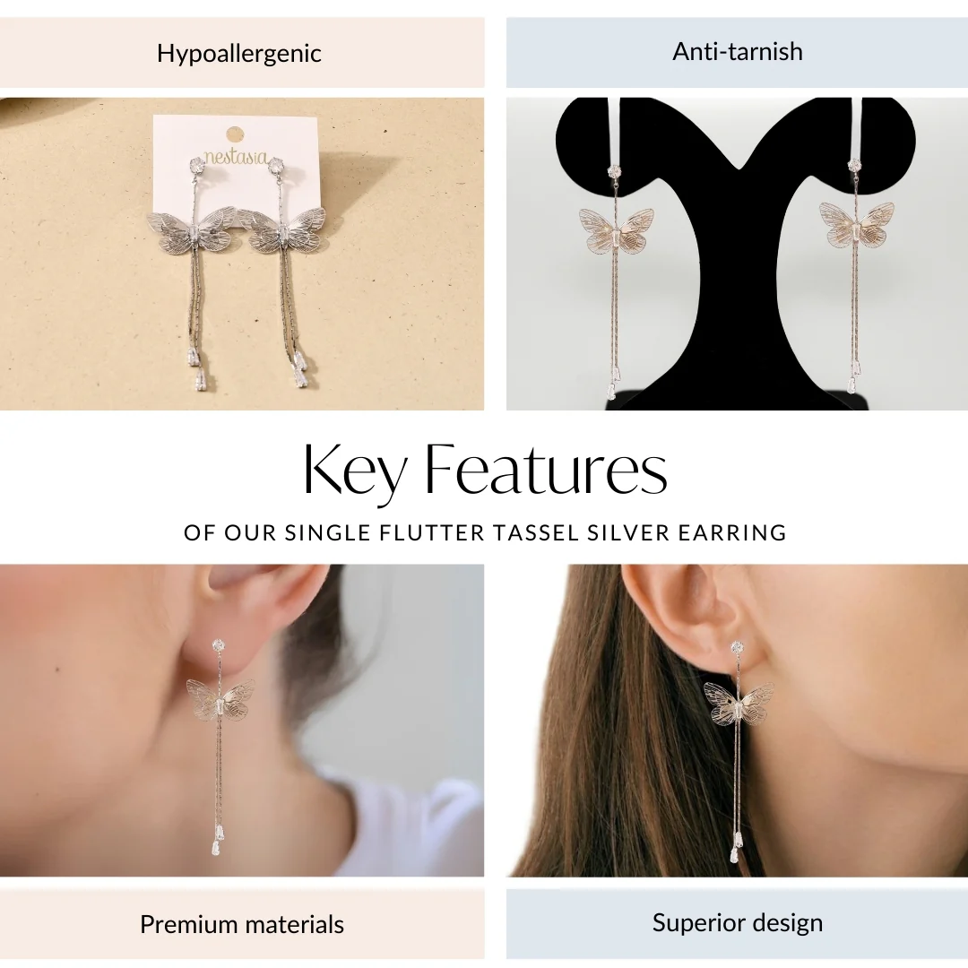 Single Flutter Tassel Silver Earrings - Image 4