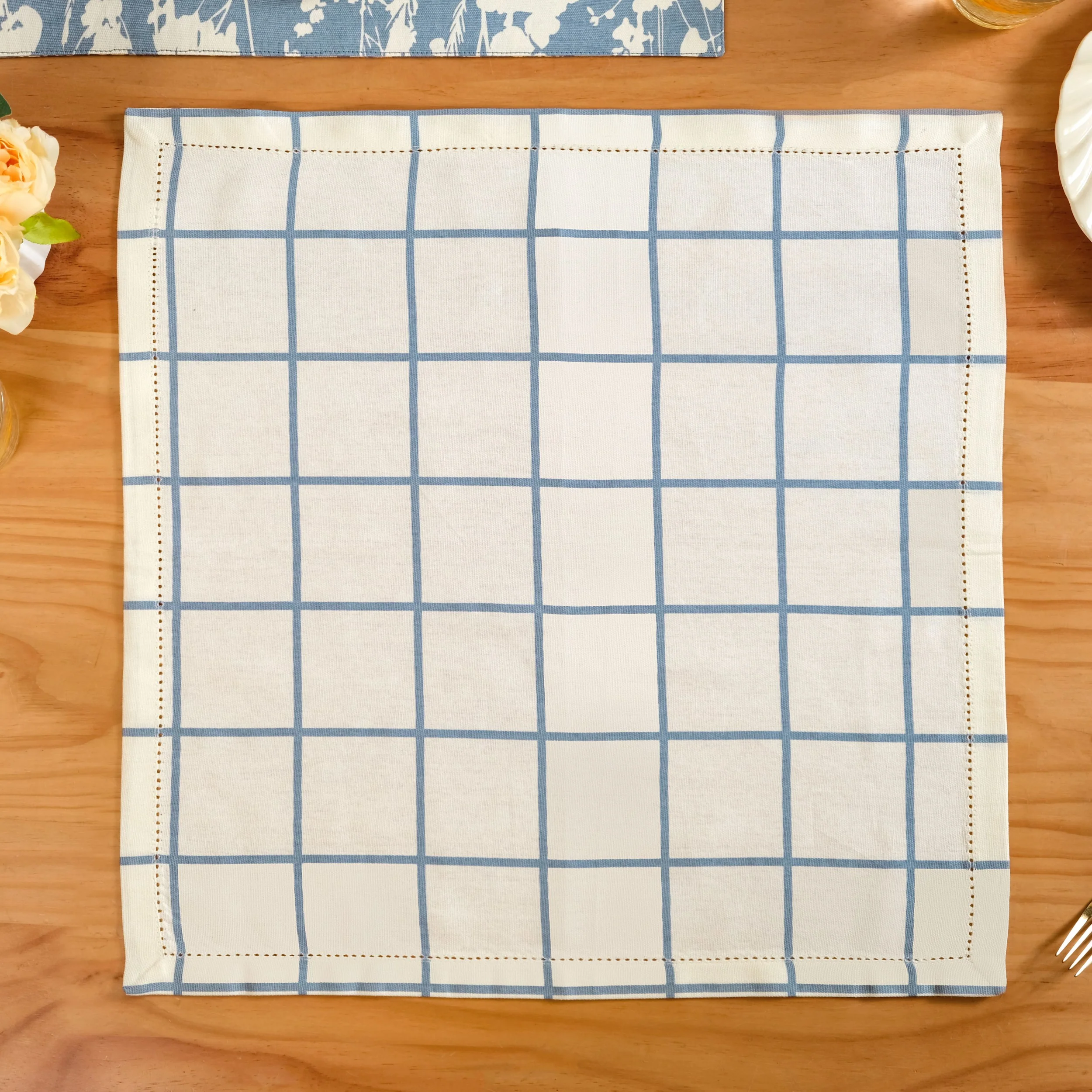 Slate Blue Grid Pure Cotton Table Napkin Set Of 4 - Image 8