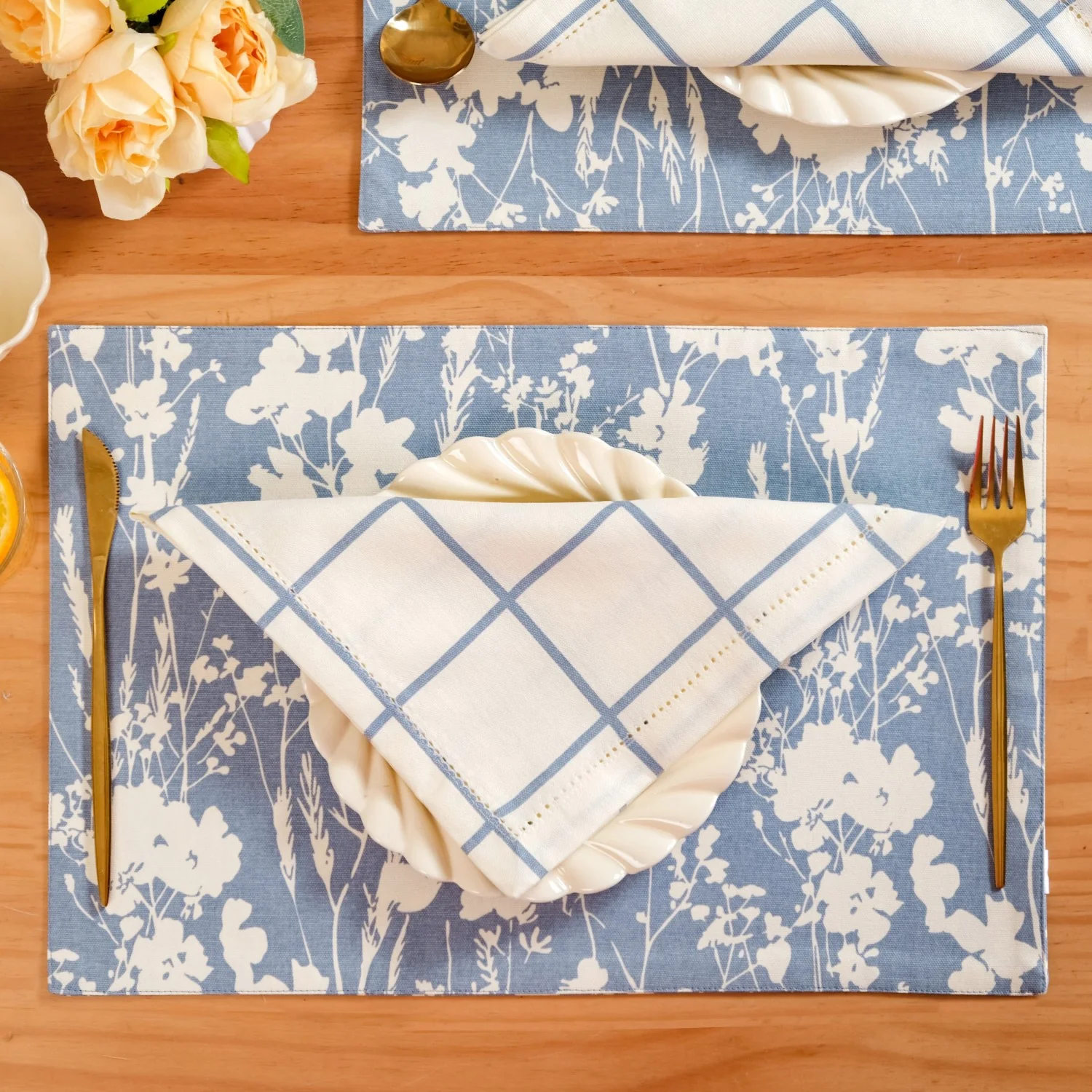 Slate Blue Grid Pure Cotton Table Napkin Set Of 6 - Image 8
