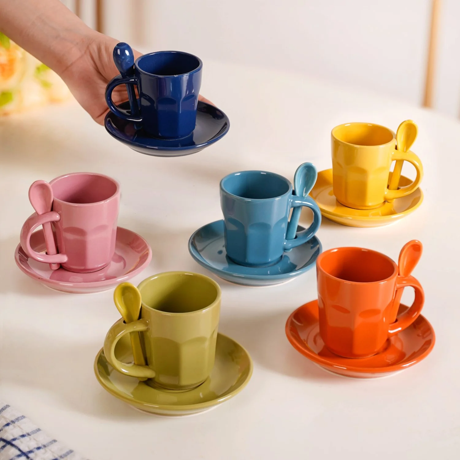 Small Espresso Tea Cup With Saucer And Spoons Set Of 6 Multicolour 100ml - Image 4