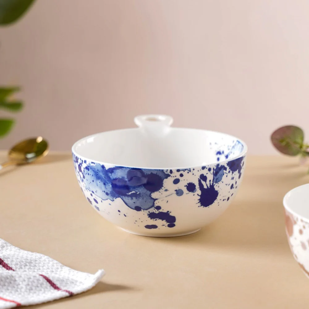 Splash Patterned Ceramic Bowl With Handle Blue - Image 3