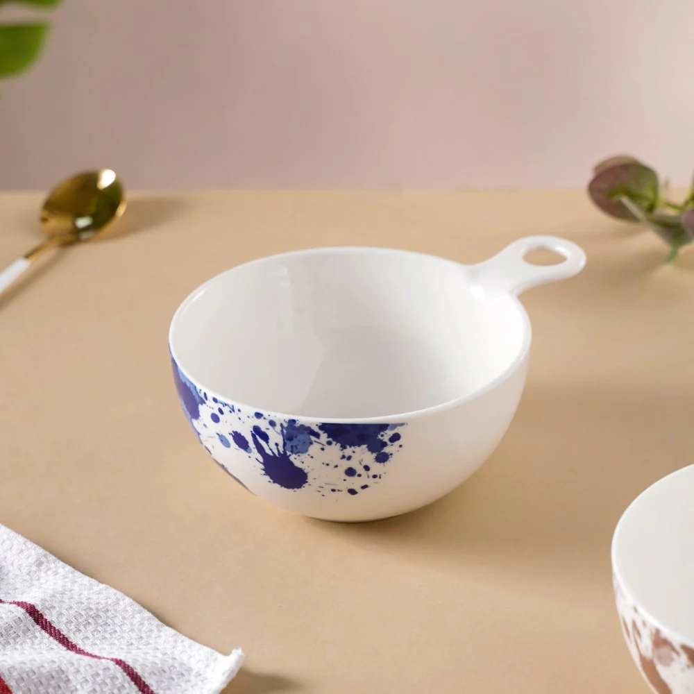 Splash Patterned Ceramic Bowl With Handle Blue - Image 6