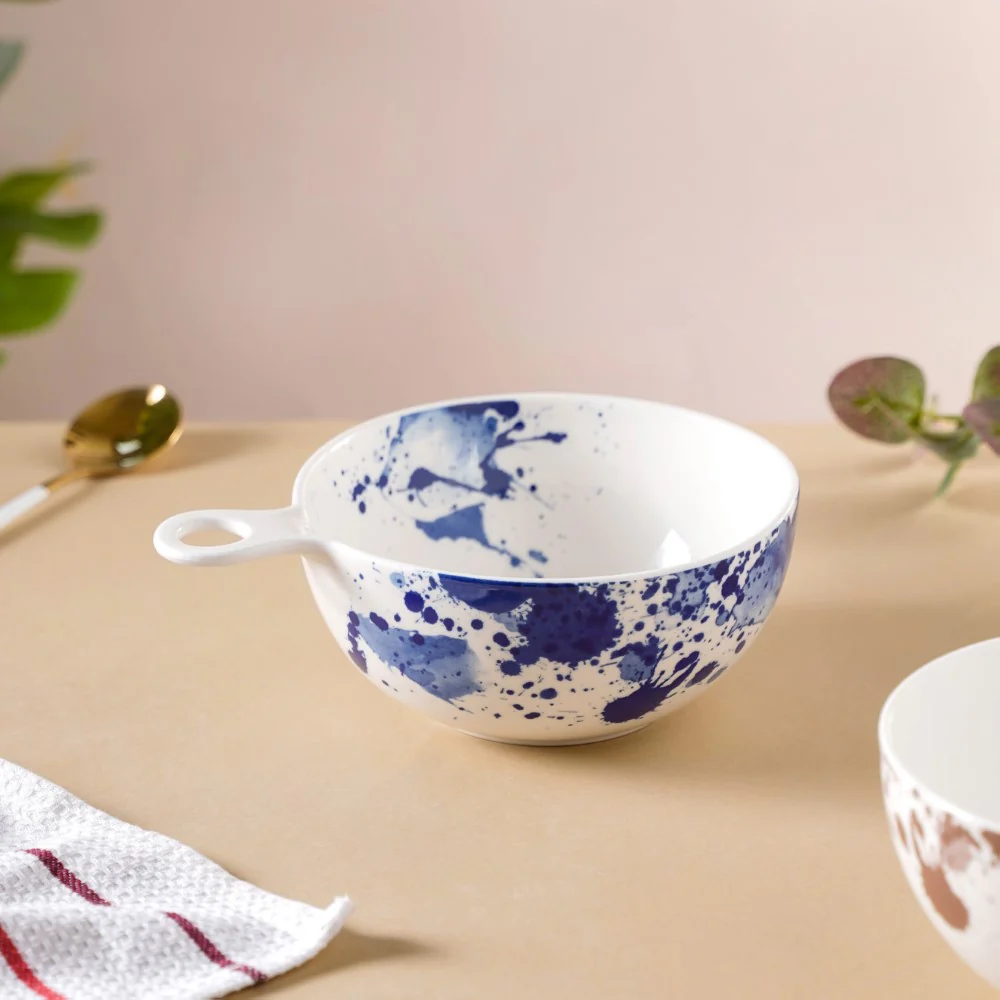 Splash Patterned Ceramic Bowl With Handle Blue - Image 7