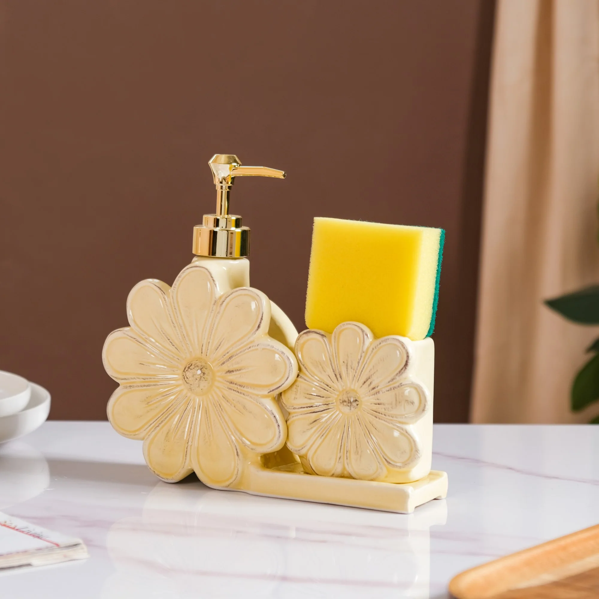 Spring Flower Liquid Dispenser With Holder Yellow - Image 3