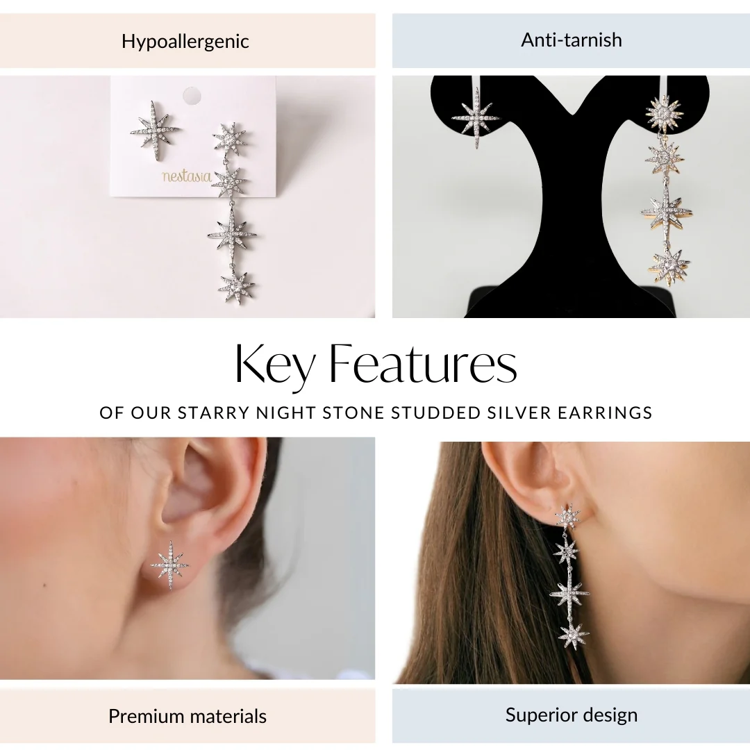 Starry Night Stone Studded Silver Earrings - Image 4