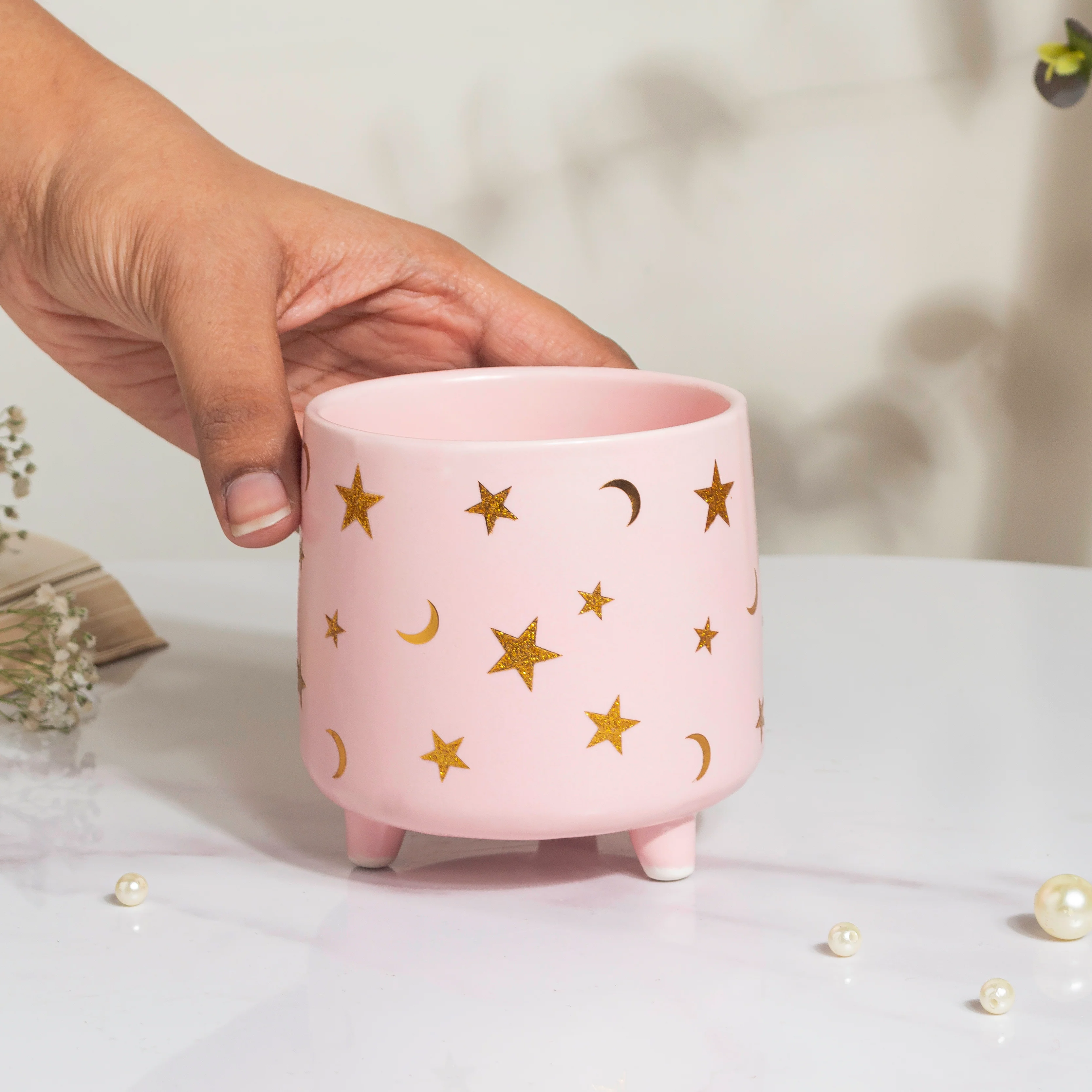 Stars and Moons Pink Ceramic Planter Small - Image 2